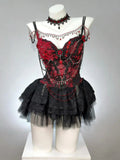 AVRY Red and black gothic rave outfit with lace corset and layered tulle skirt