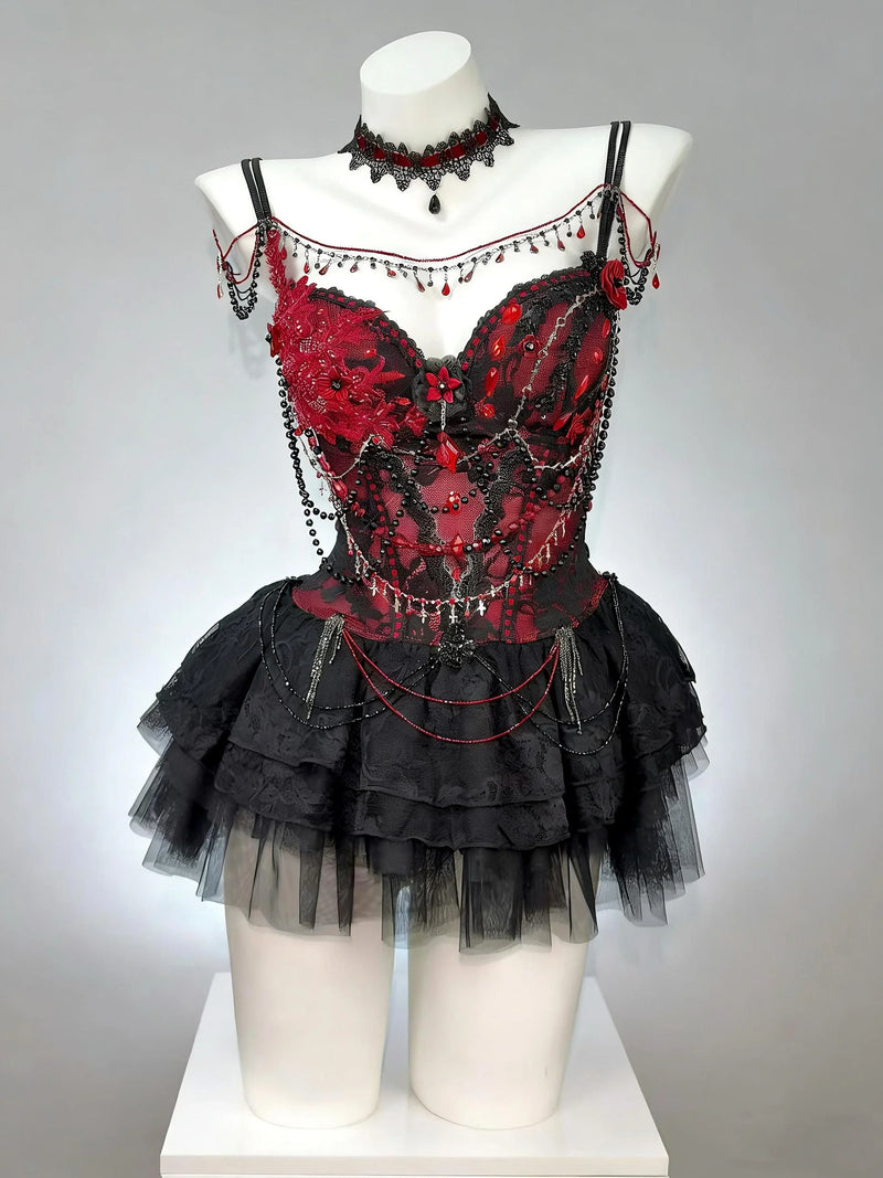 AVRY Red and black gothic rave outfit with lace corset and layered tulle skirt