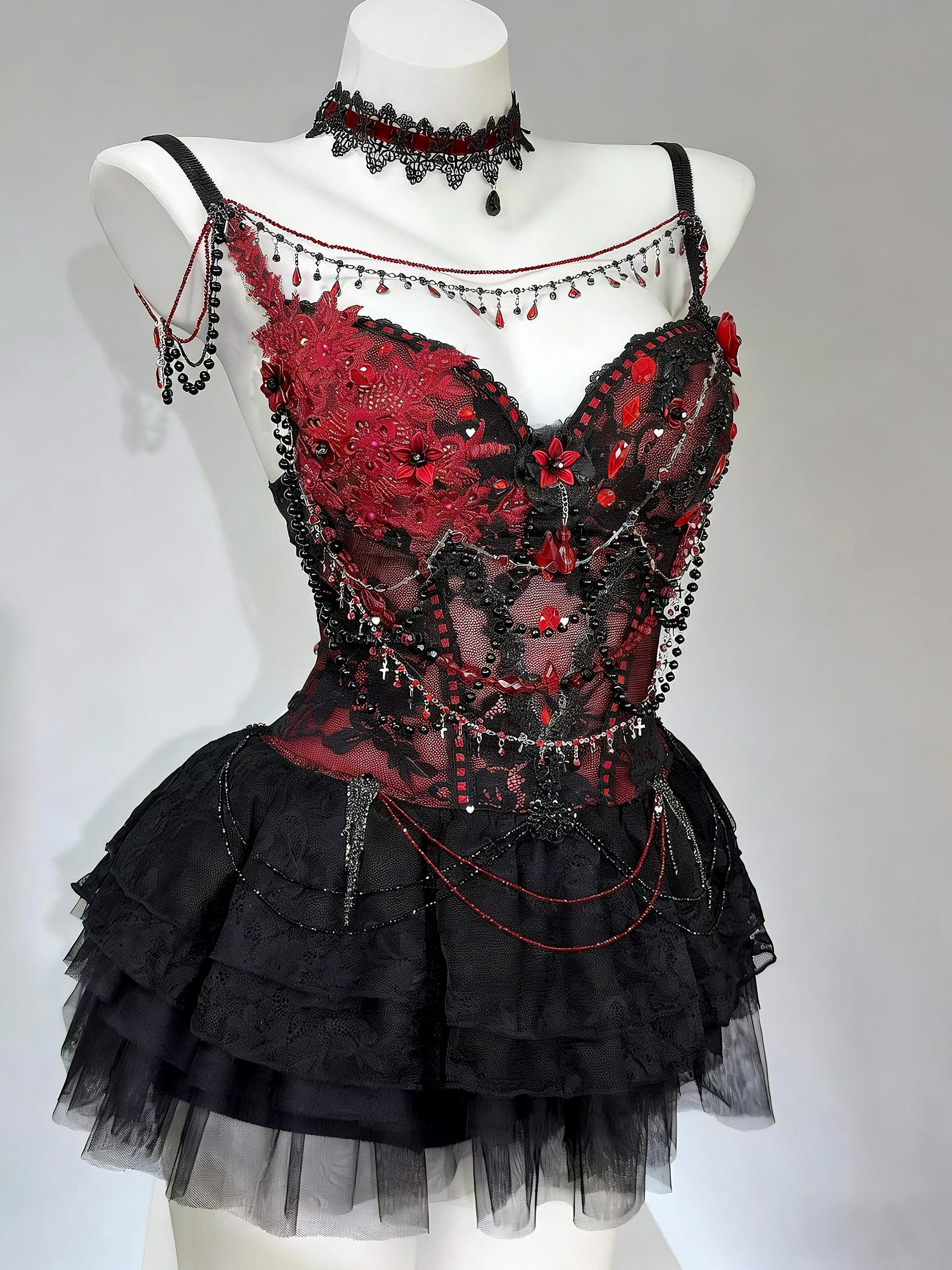 AVRY Vampire corset dress inspired gothic festival outfit with red crystal accents