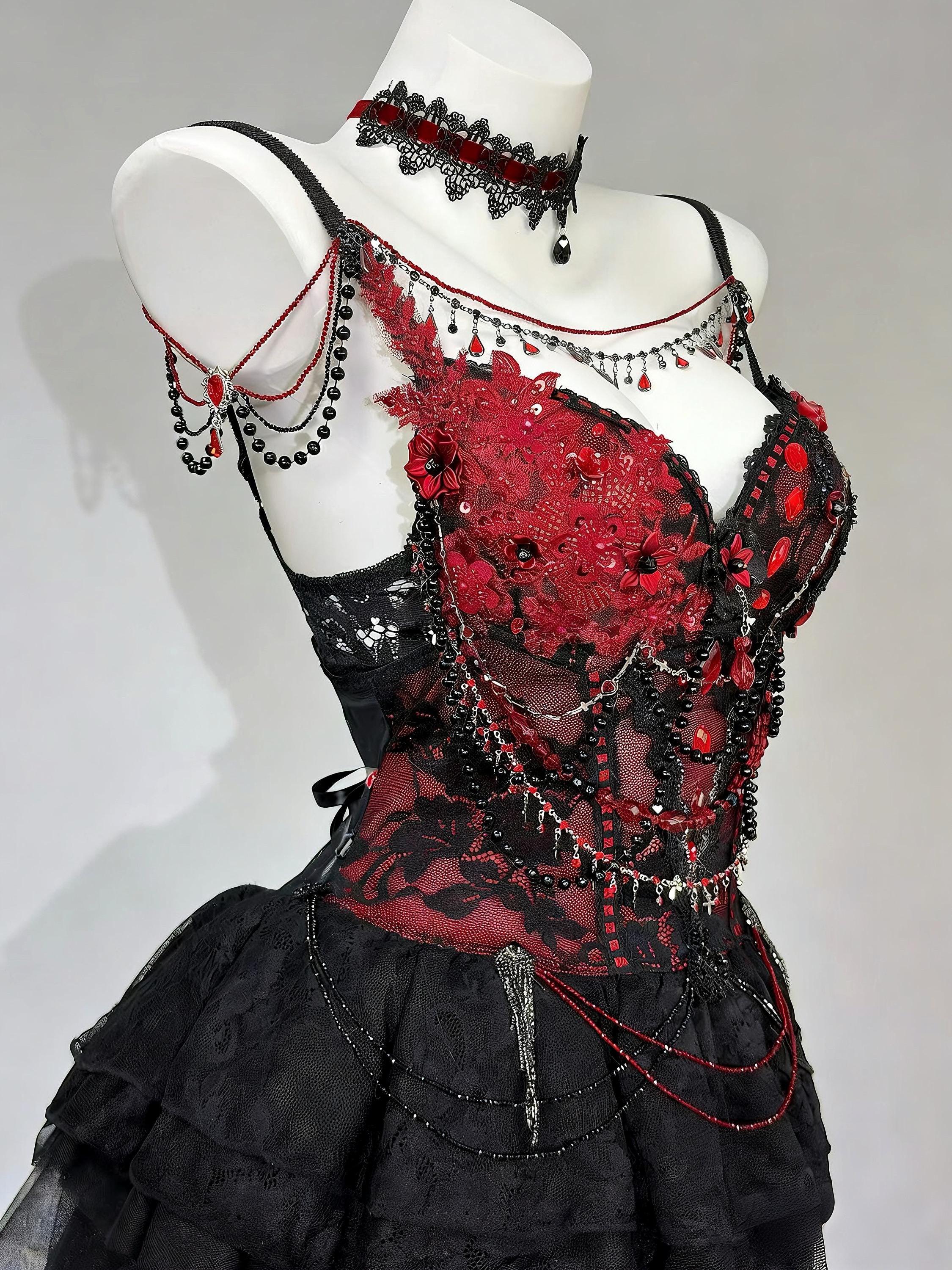 AVRY Dark rave outfit with black mesh skirt and red crystal embellishments