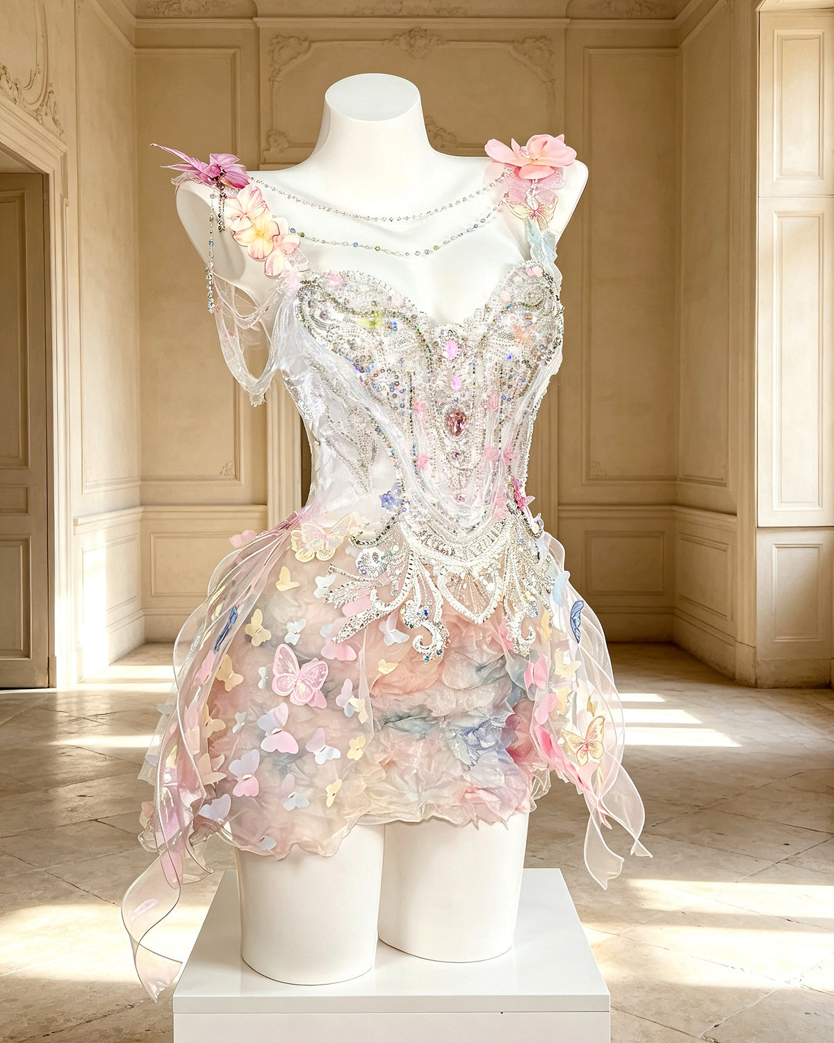 Side view of AVRY Mallow pastel fairy rave outfit with butterfly embellishments
