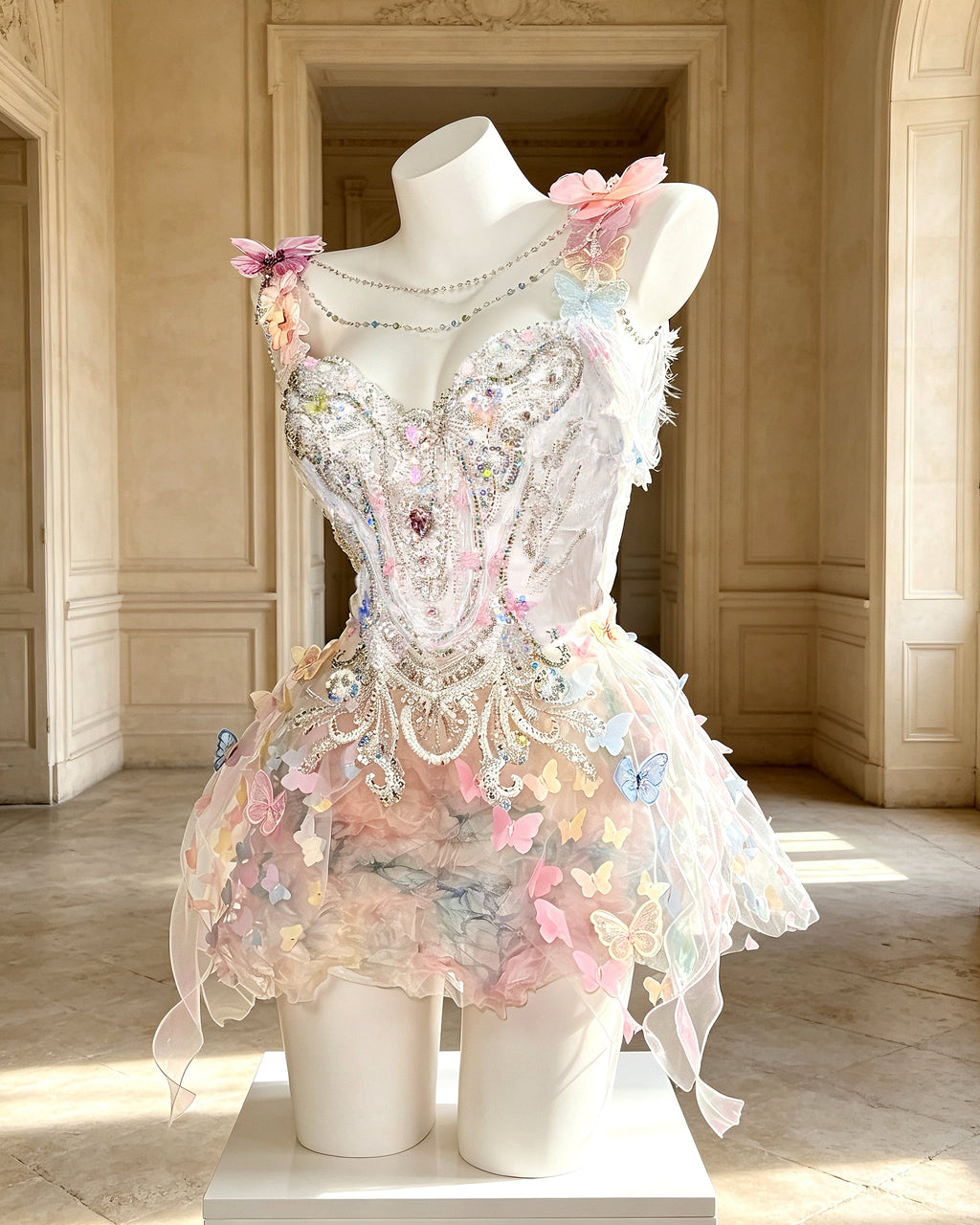 AVRY Mallow rhinestone embellished fairy mini rave dress with pastel butterfly details