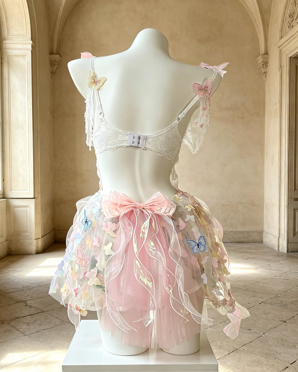 Back view of AVRY Mallow butterfly fairy outfit with pink bow and layered tulle skirt