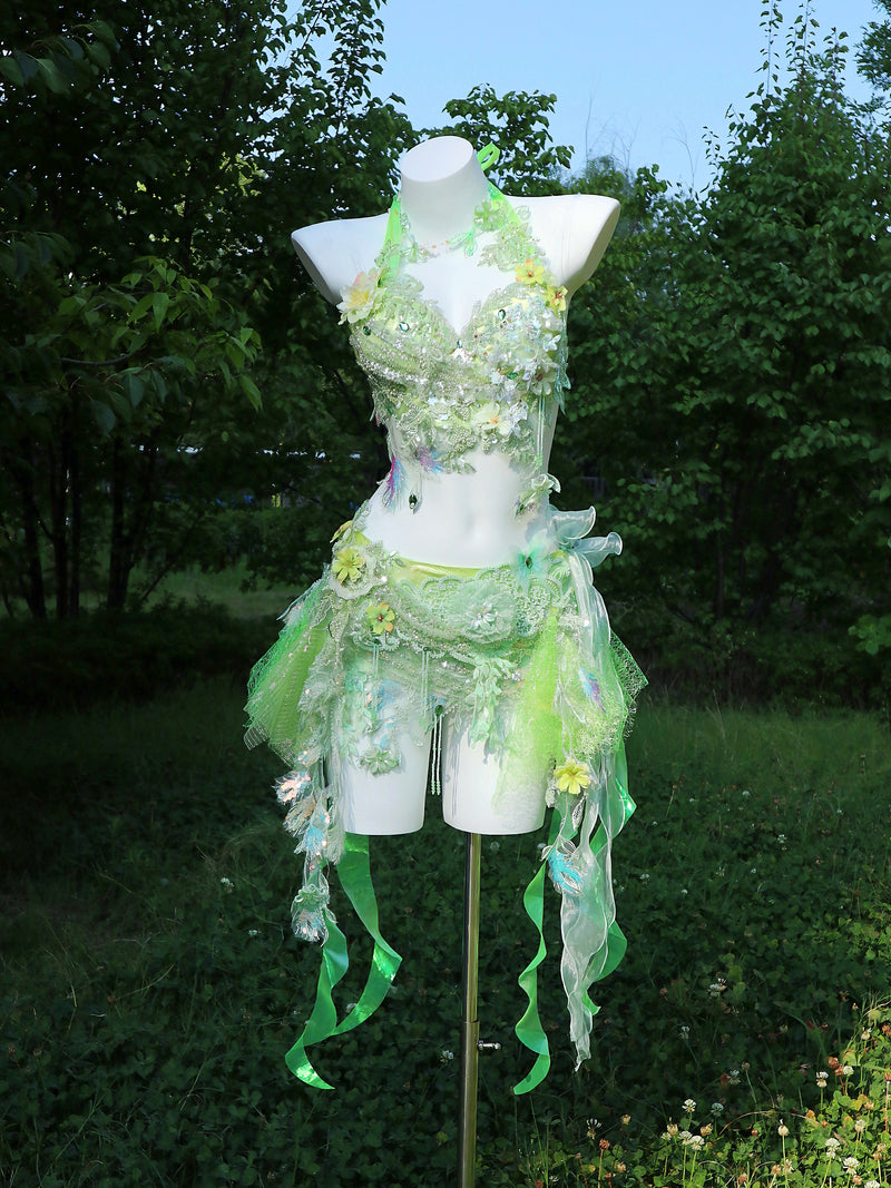AVRY New Forest Foxglove reflective fairy festival dress featuring a built-in bra, floral crystal embellishments and detachable fairy skirt.