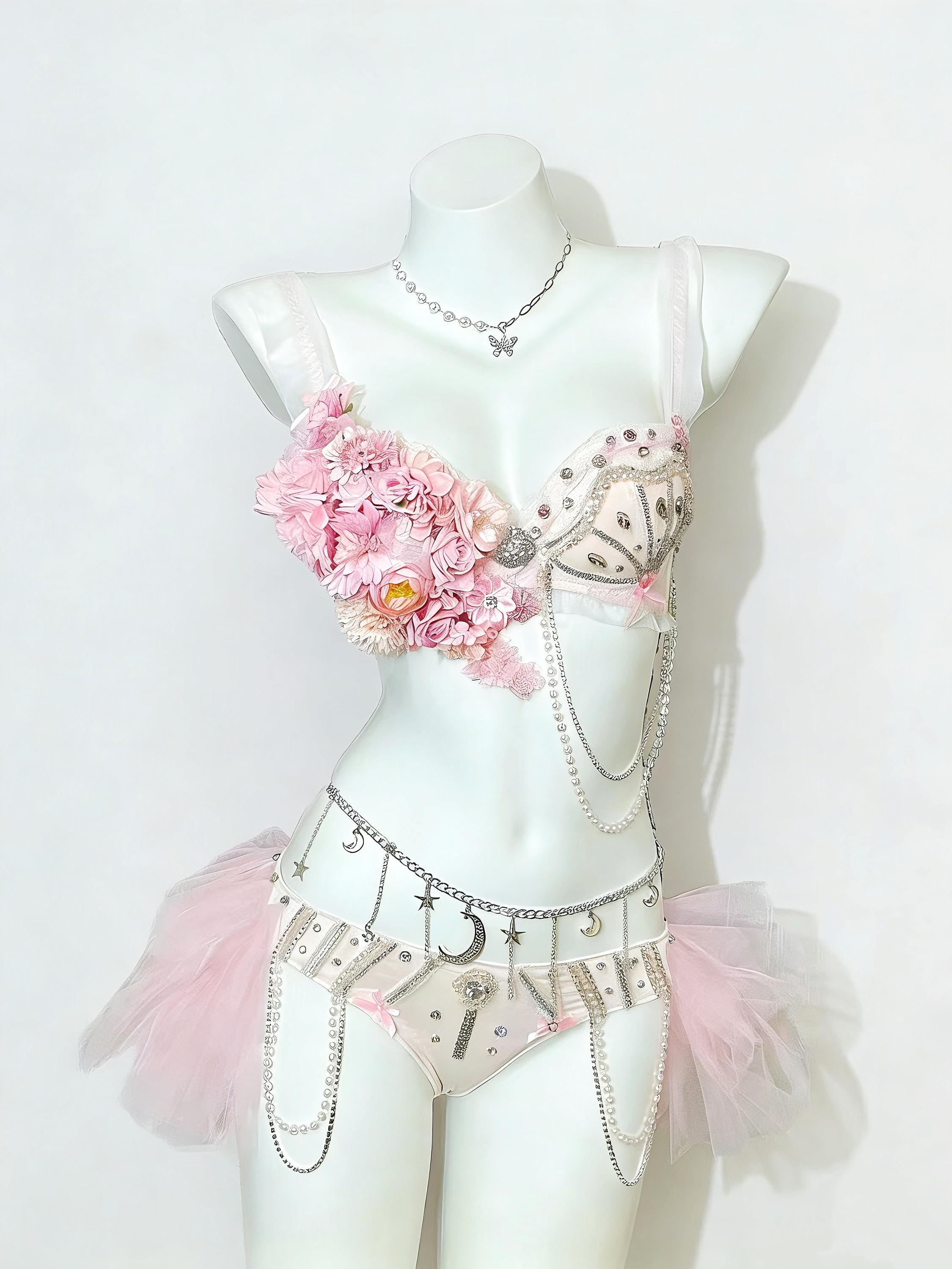 AVRY Anemone Pink Fairy Rave Set with Floral Bra, Body Chain and Festival Bottoms