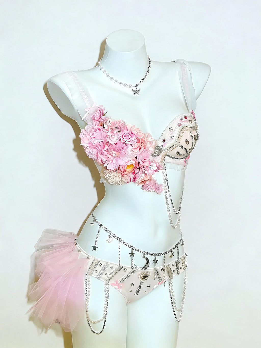 AVRY Anemone Pink Fairy Rave Set with Floral Bra, Body Chain and Festival Bottoms