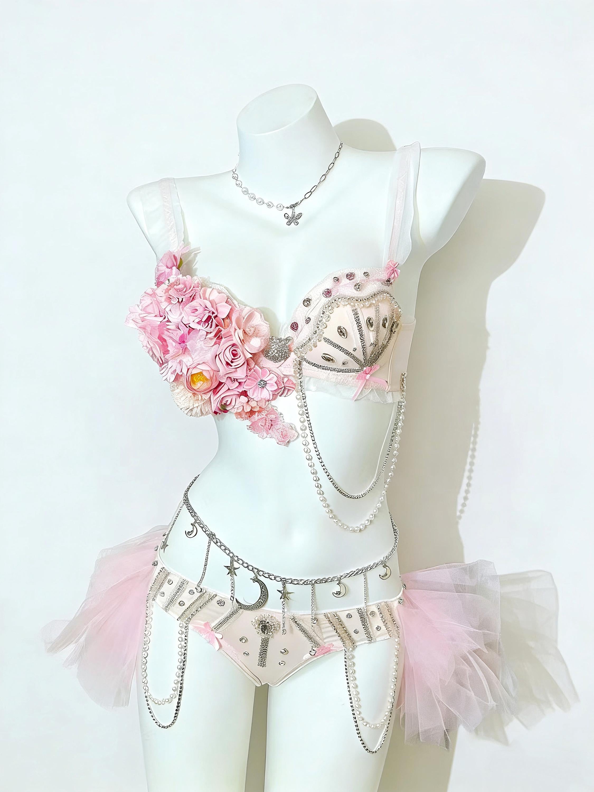 AVRY Anemone Pink Fairy Rave Set with Floral Bra, Body Chain and Festival Bottoms