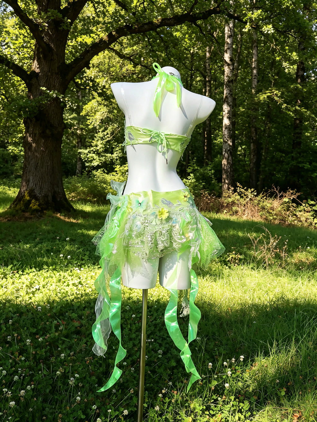 Back view of the AVRY New Forest Foxglove two-pieces festival dress showing adjustable straps and reflective ribbon details.