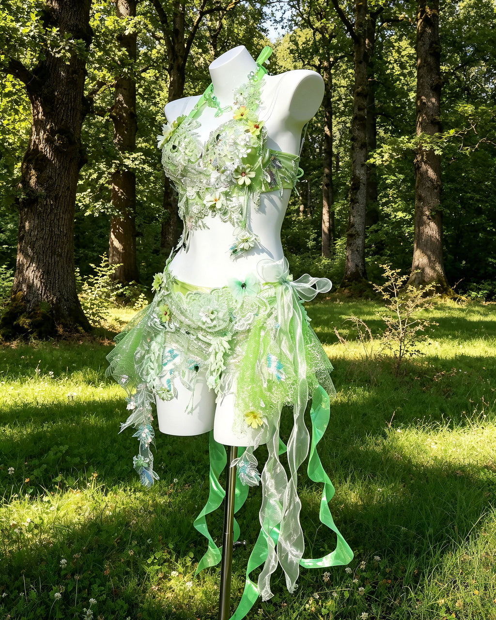 Close-up of the AVRY New Forest Foxglove dress with handcrafted floral appliqués, crystals and reflective ribbon details.