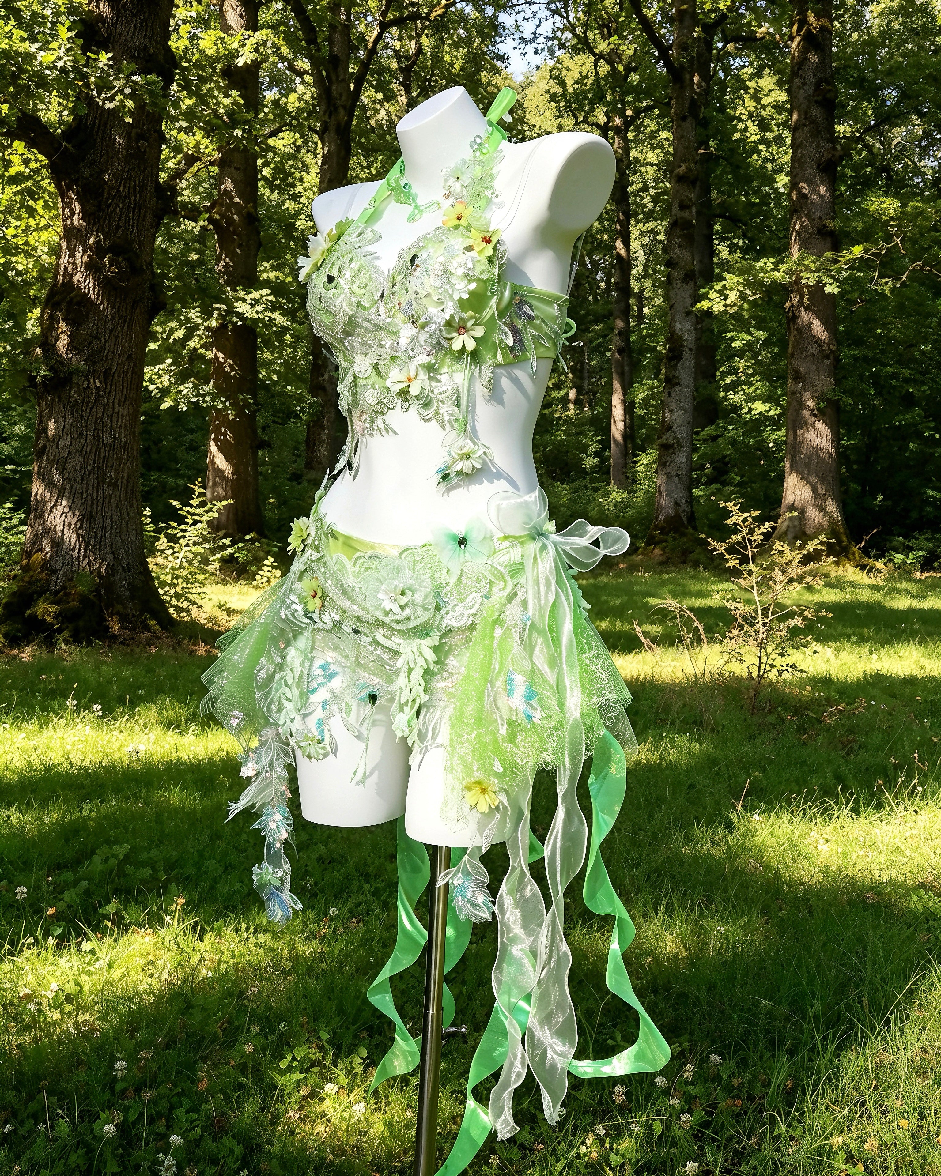Close-up of the AVRY New Forest Foxglove dress with handcrafted floral appliqués, crystals and reflective ribbon details.