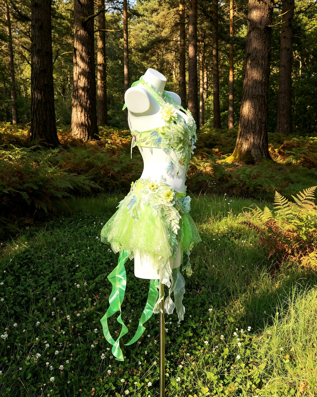 Side view of the AVRY New Forest Foxglove fairy dress highlighting reflective ribbons that shimmer beautifully under festival lights.