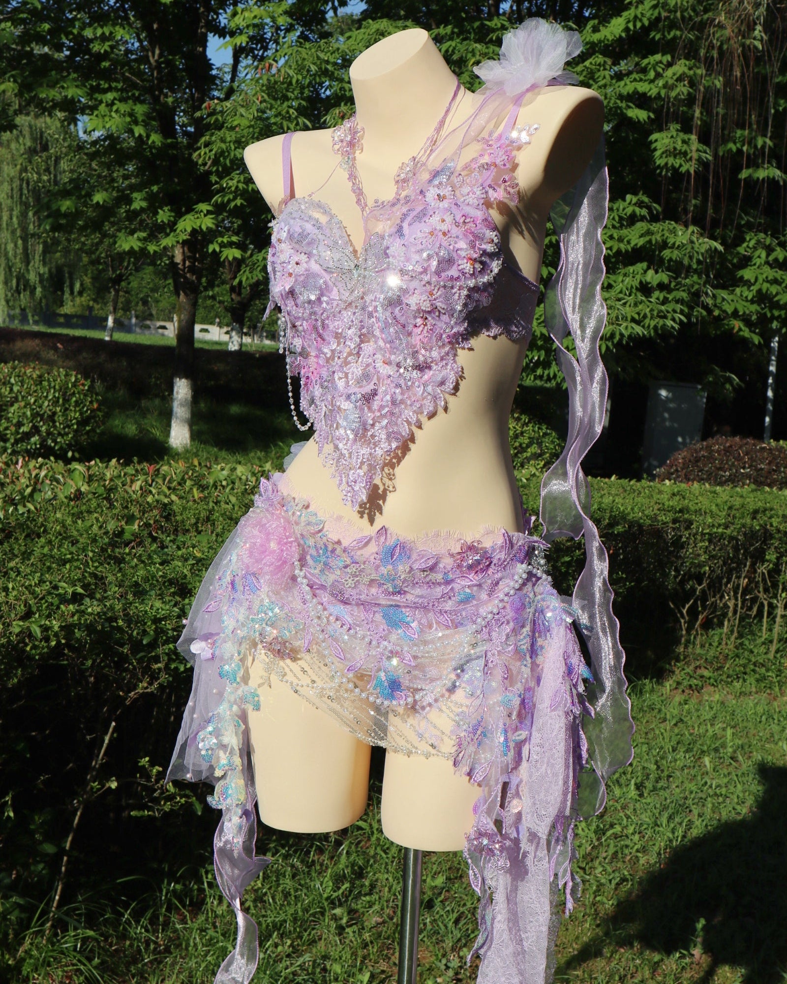 AVRY New Forest Purple Rosalie handcrafted fairy festival set featuring a crystal embellished bra top, matching fairy skirt and flowing lilac ribbons.