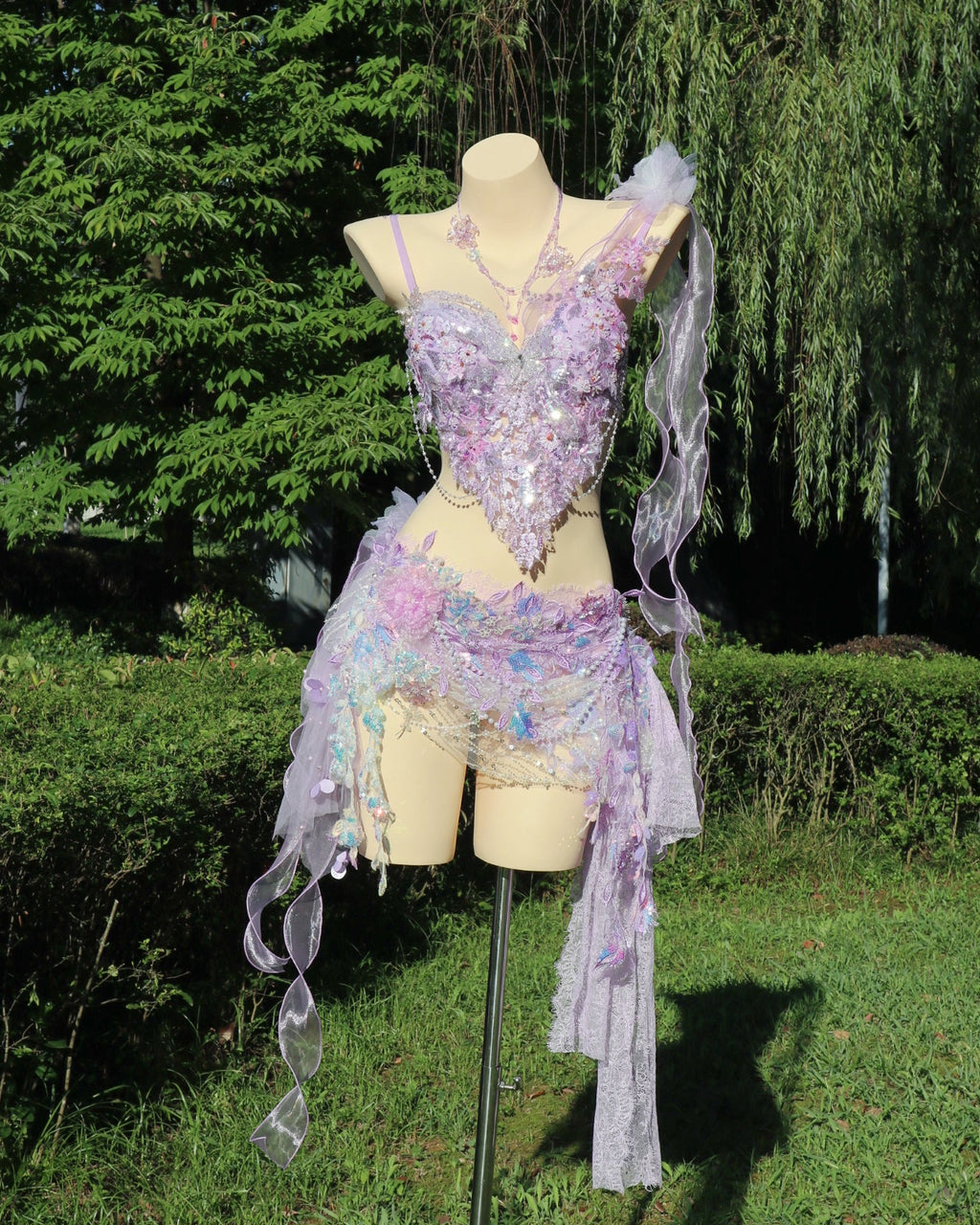 AVRY New Forest Purple Rosalie handcrafted fairy festival set featuring a crystal embellished bra top, matching fairy skirt and flowing lilac ribbons.