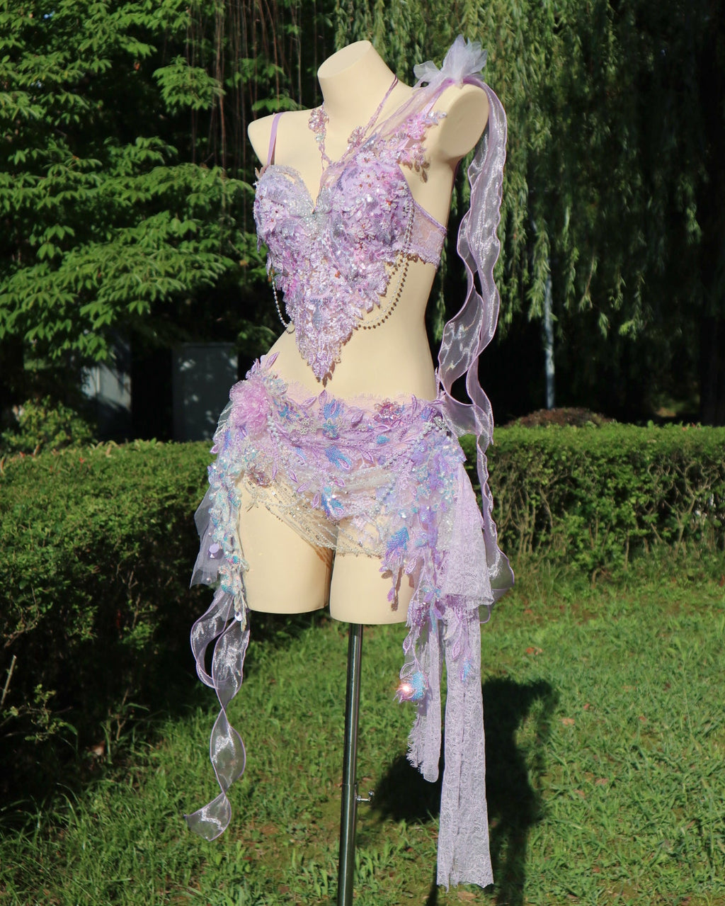 AVRY New Forest Purple Rosalie handcrafted fairy festival set featuring a crystal embellished bra top, matching fairy skirt and flowing lilac ribbons.