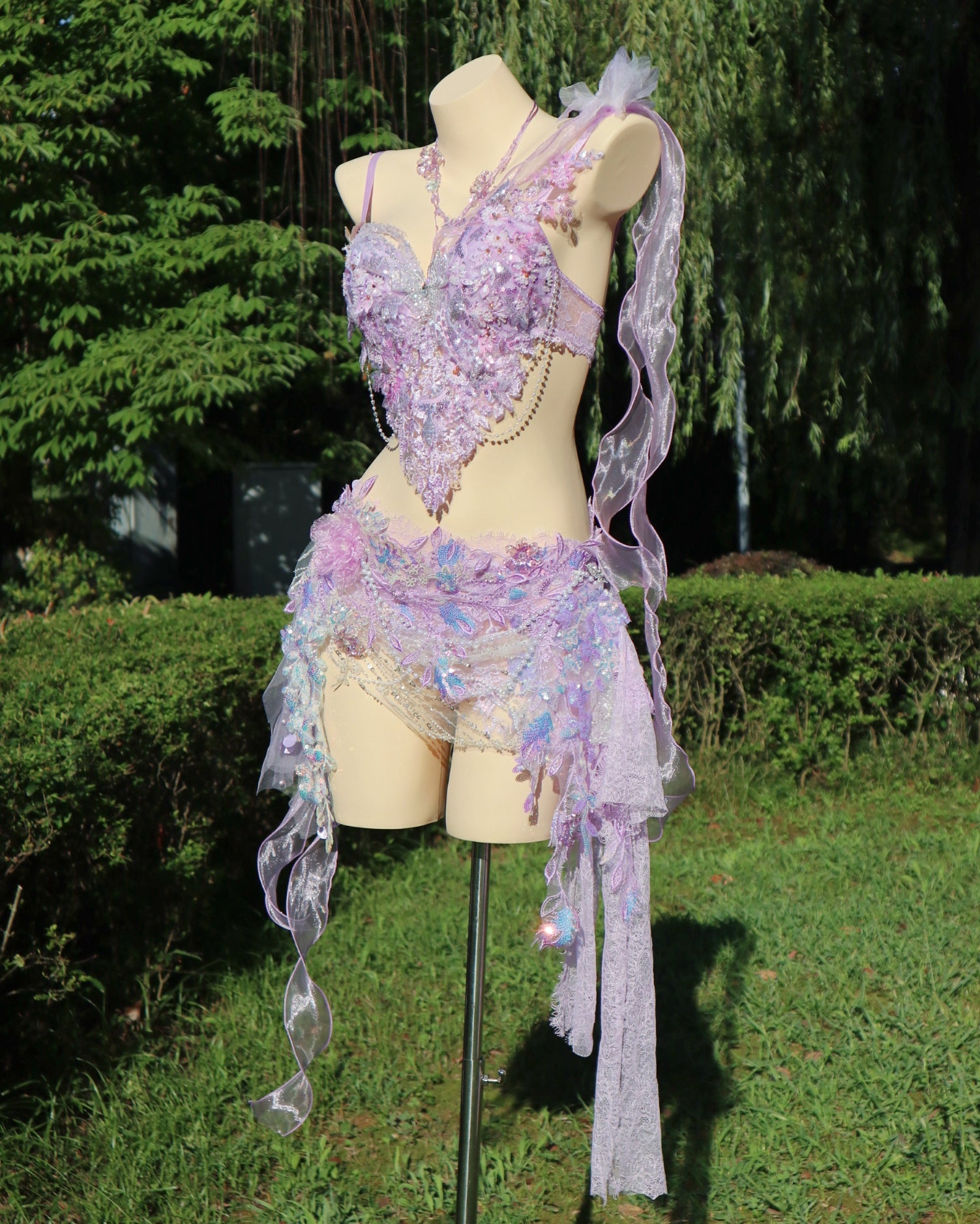 AVRY New Forest Purple Rosalie handcrafted fairy festival set featuring a crystal embellished bra top, matching fairy skirt and flowing lilac ribbons.