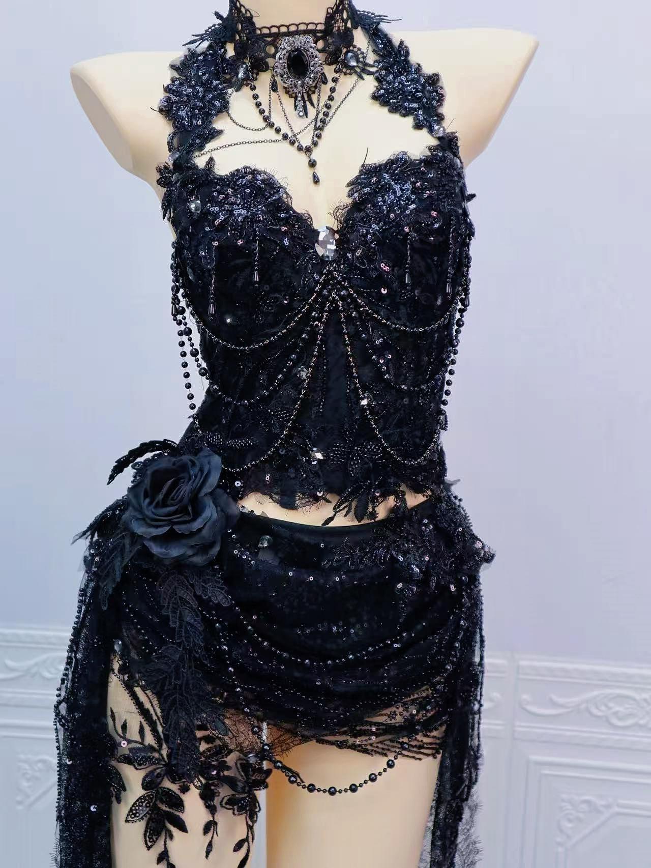 AVRY Odette Set Lacework collection front view with black lace corset top and gothic festival details.