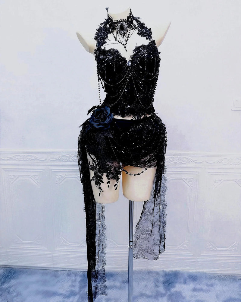 AVRY Odette Set black gothic rave outfit with lace top, draped chains, matching bottom and dark fairy styling.