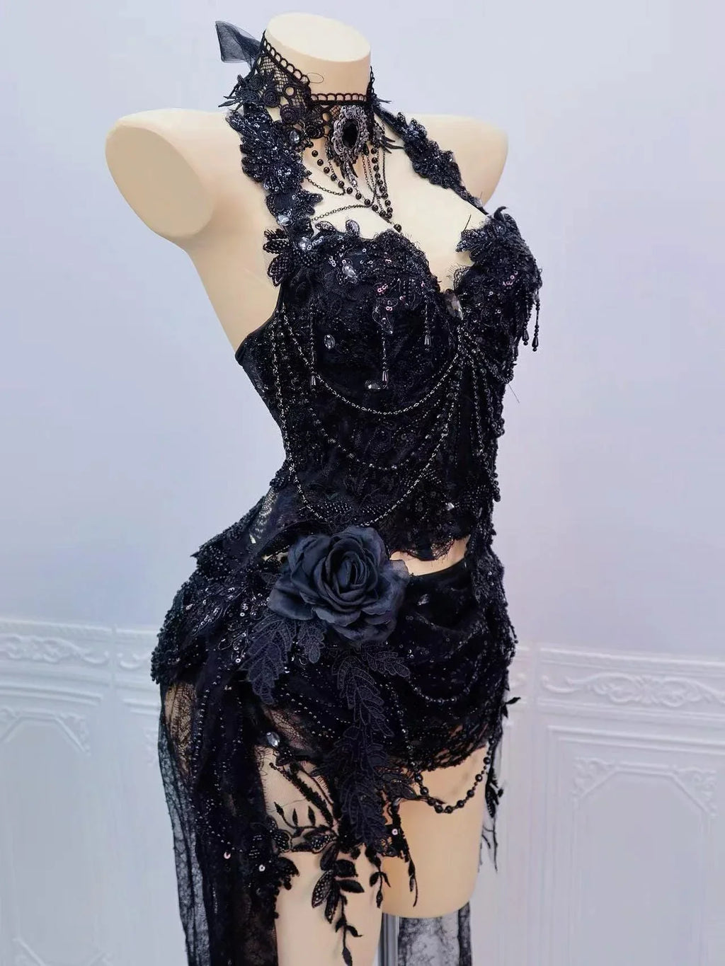 AVRY Odette Set full look with black gothic corset outfit, floral accents and dark romantic rave styling.