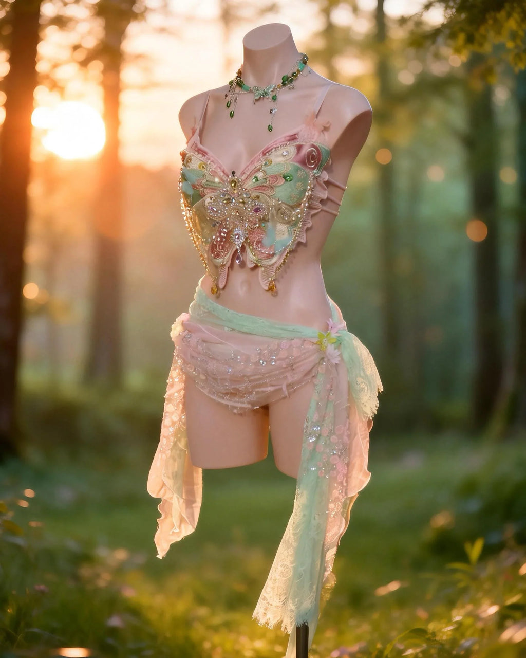 AVRY Primrose Set side view showing pink fairy rave outfit, flowing textures and romantic woodland details.