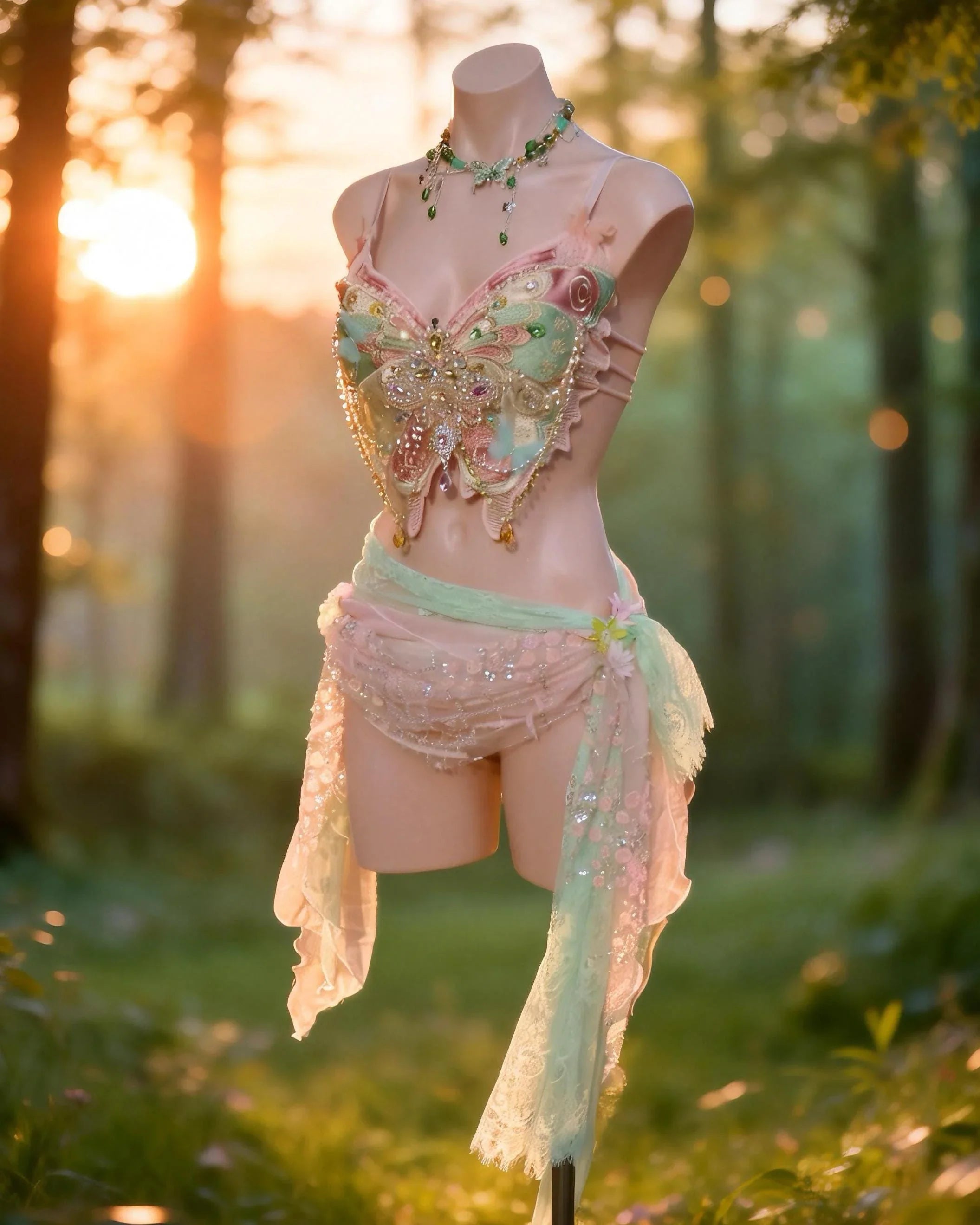 AVRY Primrose Set side view showing pink fairy rave outfit, flowing textures and romantic woodland details.