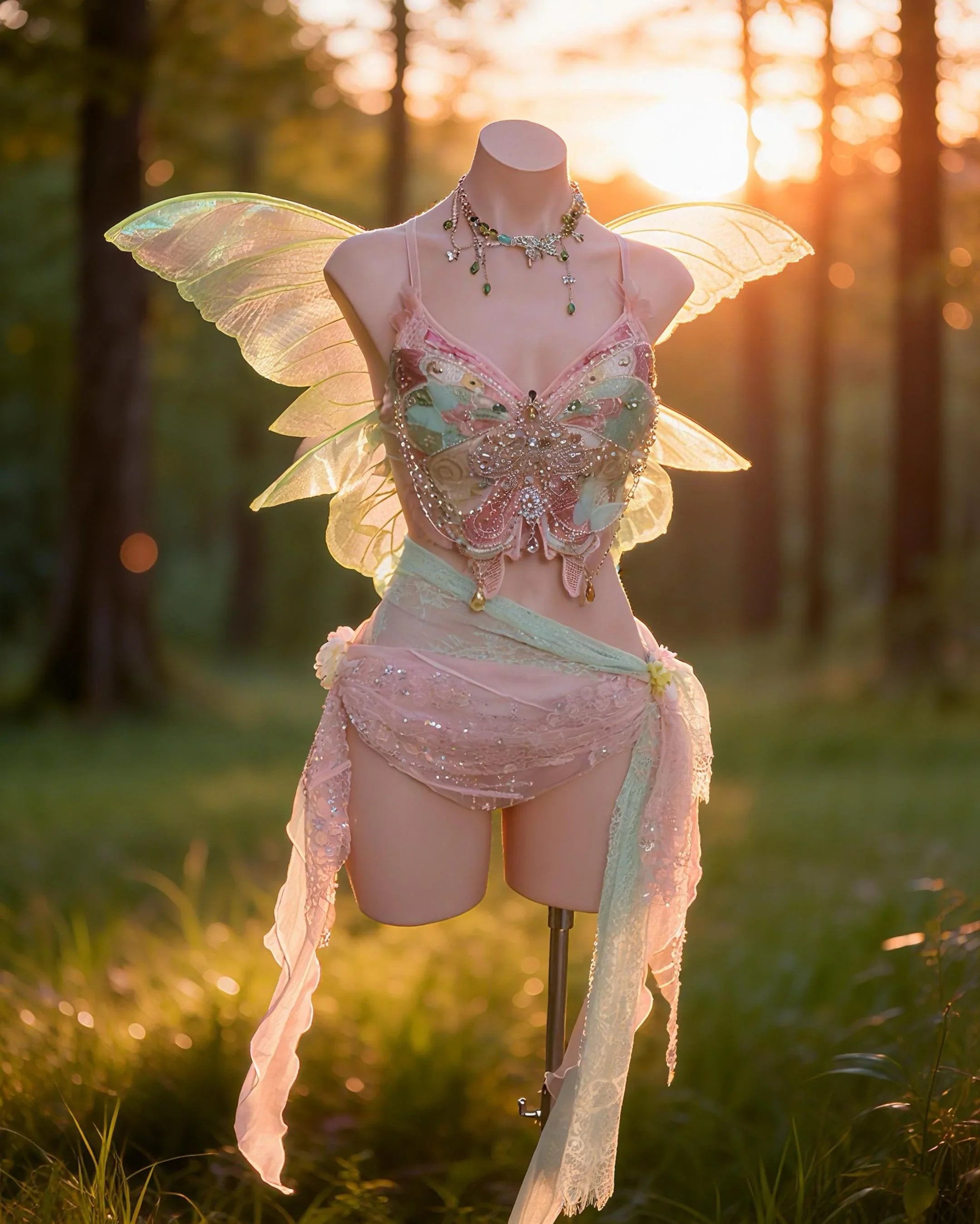 AVRY Primrose Set pink fairy rave outfit with top, bottom and necklace in woodland festival styling.