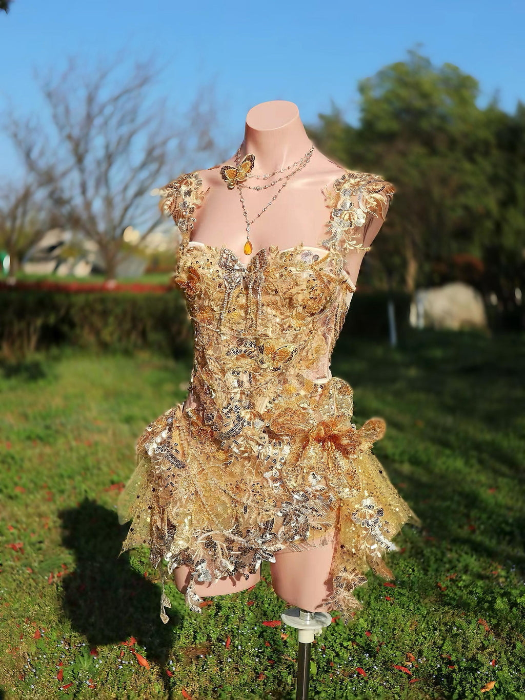 AVRY Rosalind Set Lacework collection front view with gold embroidery, butterfly details and fairycore styling.