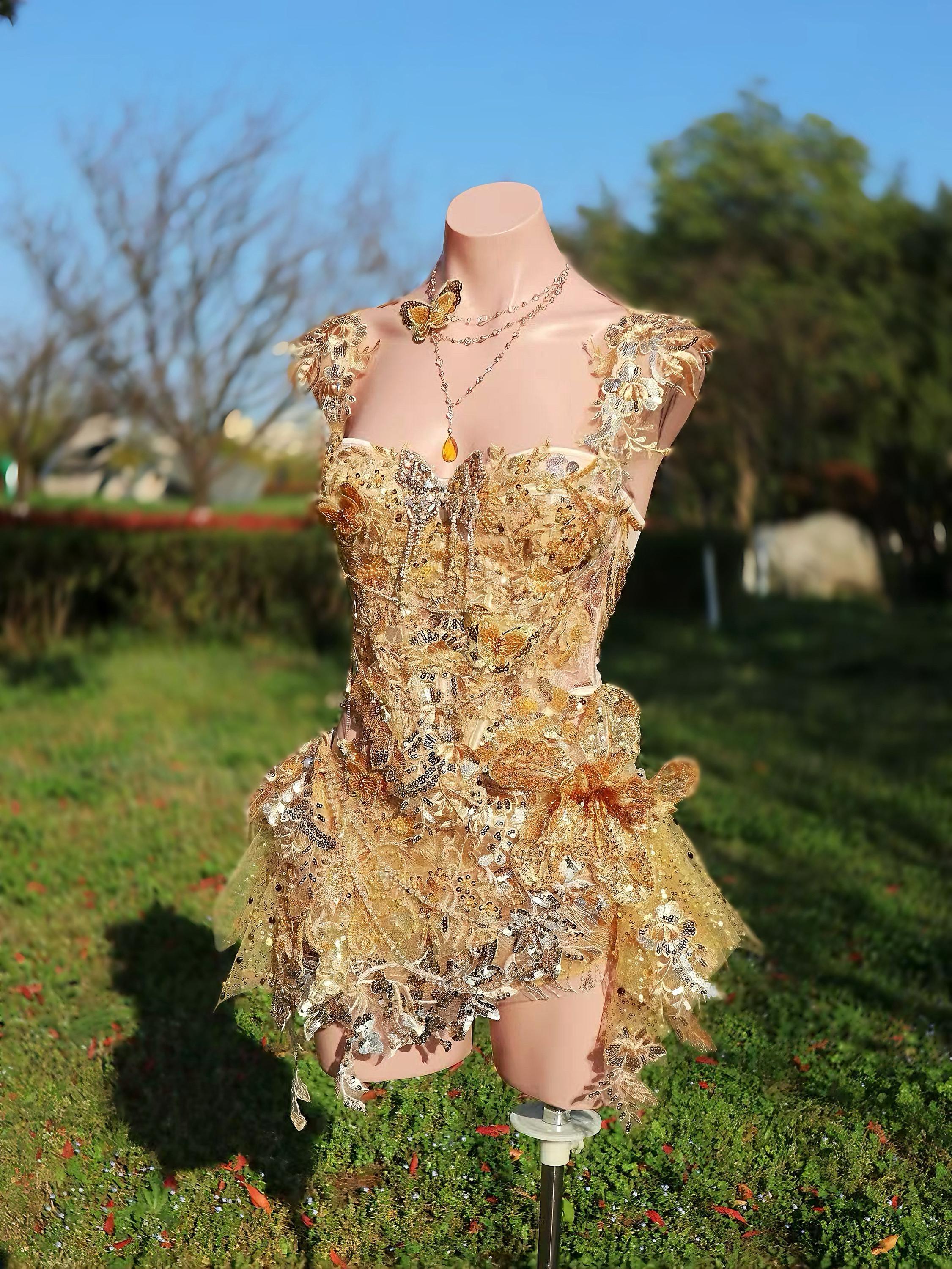 AVRY Rosalind Set Lacework collection front view with gold embroidery, butterfly details and fairycore styling.
