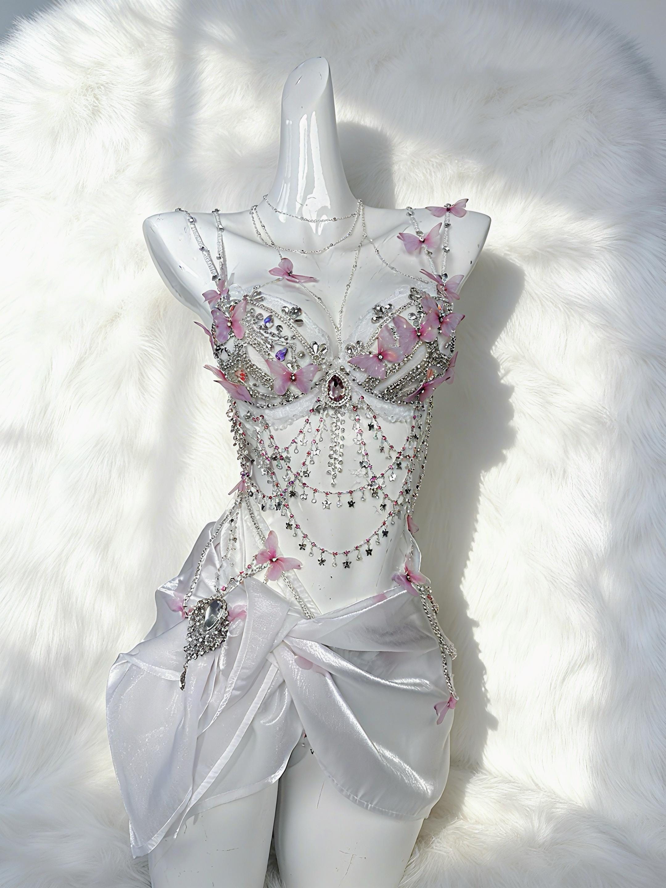 AVRY APOLLO Butterfly Fairy Rave Set with Crystal Bra Top,Draped Skirt and Butterfly Embellishments