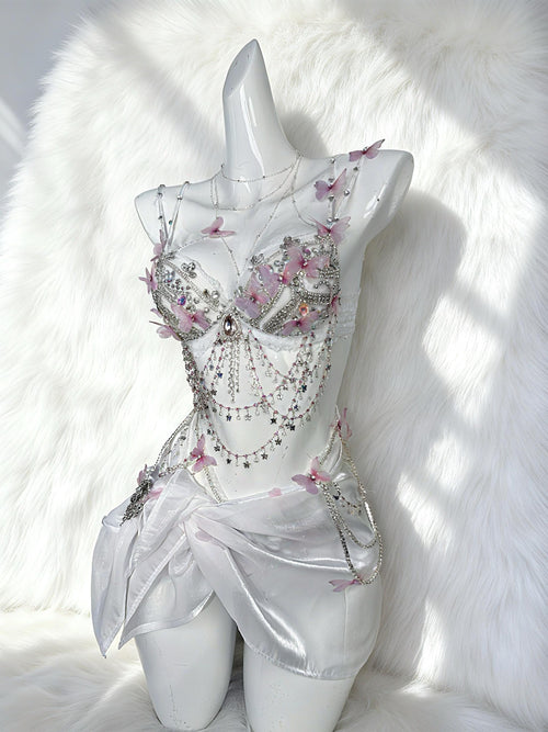 AVRY APOLLO Butterfly Fairy Rave Set with Crystal Bra Top,Draped Skirt and Butterfly Embellishments