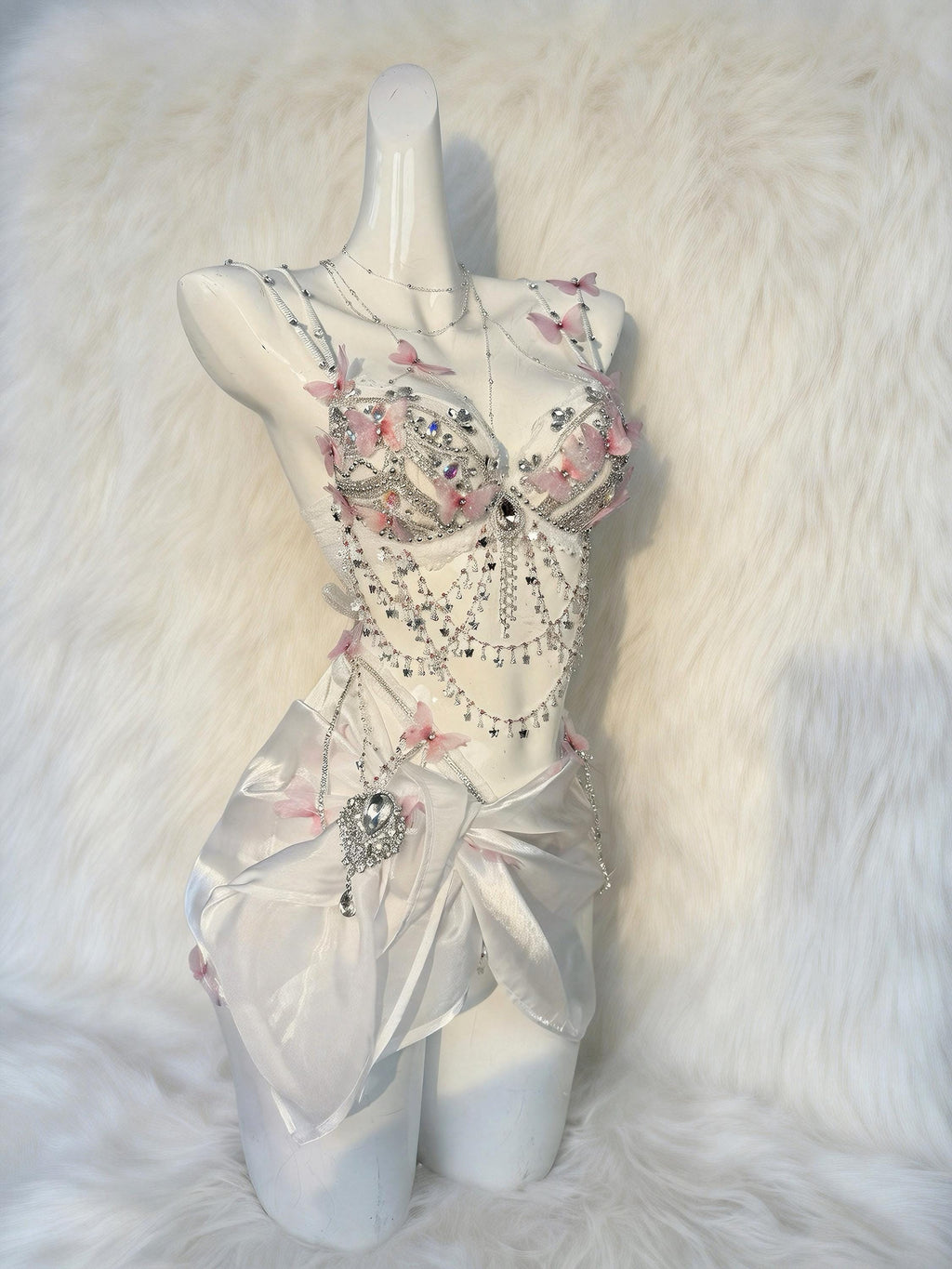 AVRY APOLLO Butterfly Fairy Rave Set with Crystal Bra Top,Draped Skirt and Butterfly Embellishments