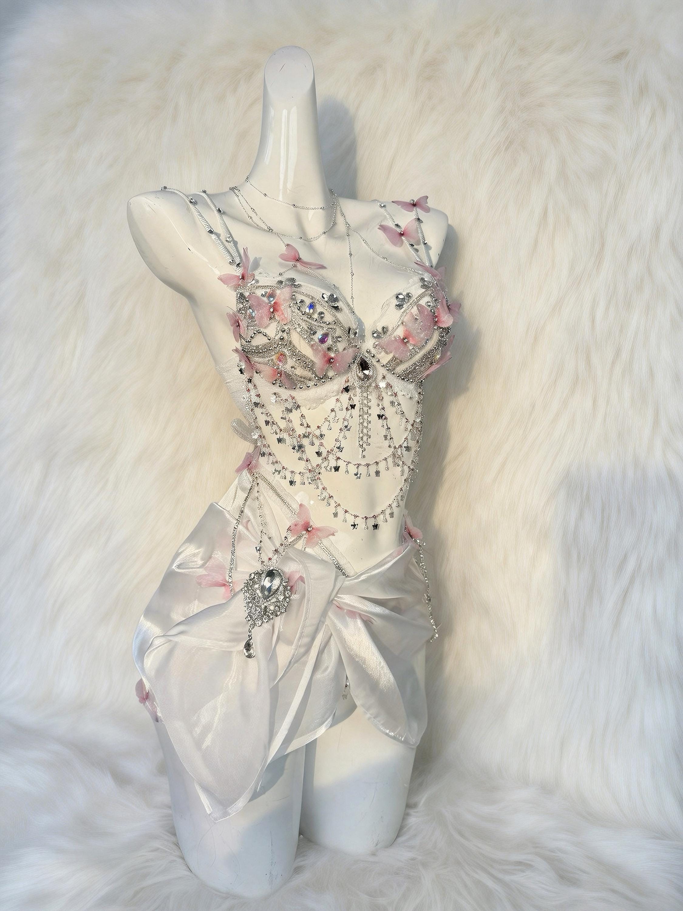 AVRY APOLLO Butterfly Fairy Rave Set with Crystal Bra Top,Draped Skirt and Butterfly Embellishments