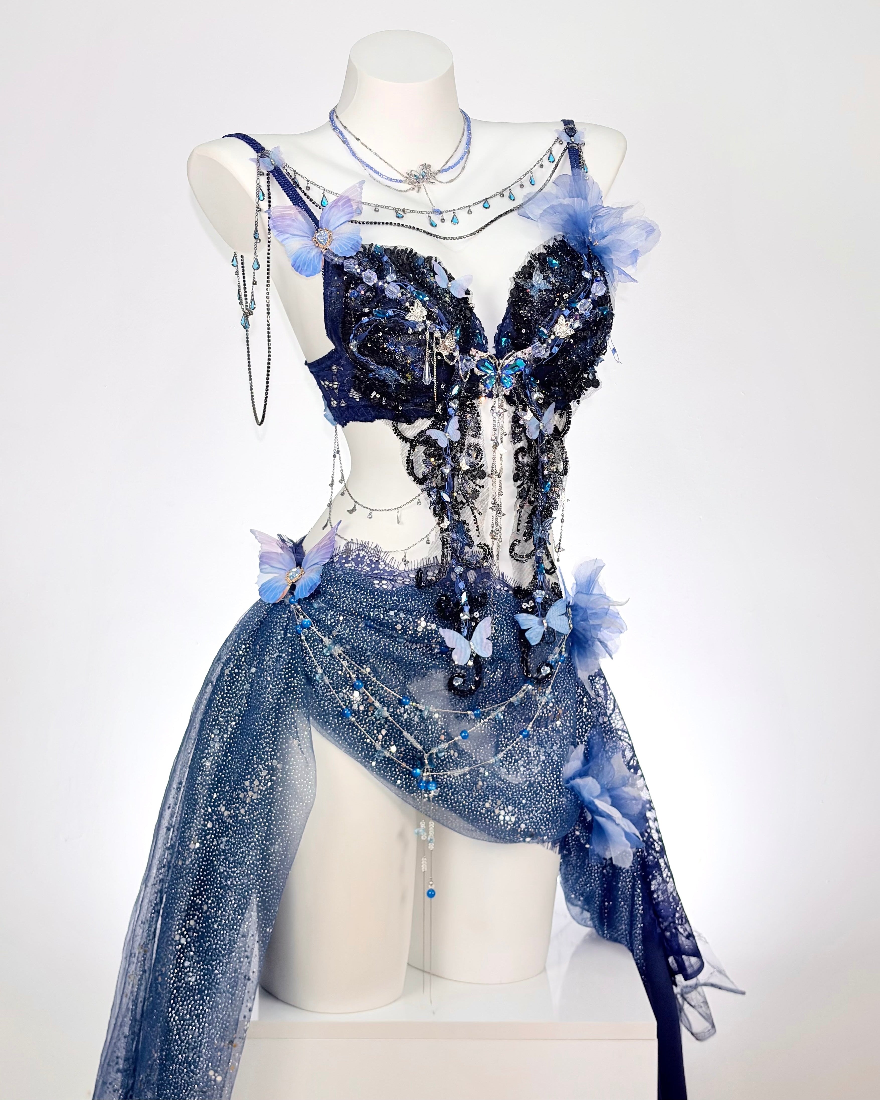 AVRY Delphine Rave Outfit blue butterfly crystal rave outfit with draped chains
