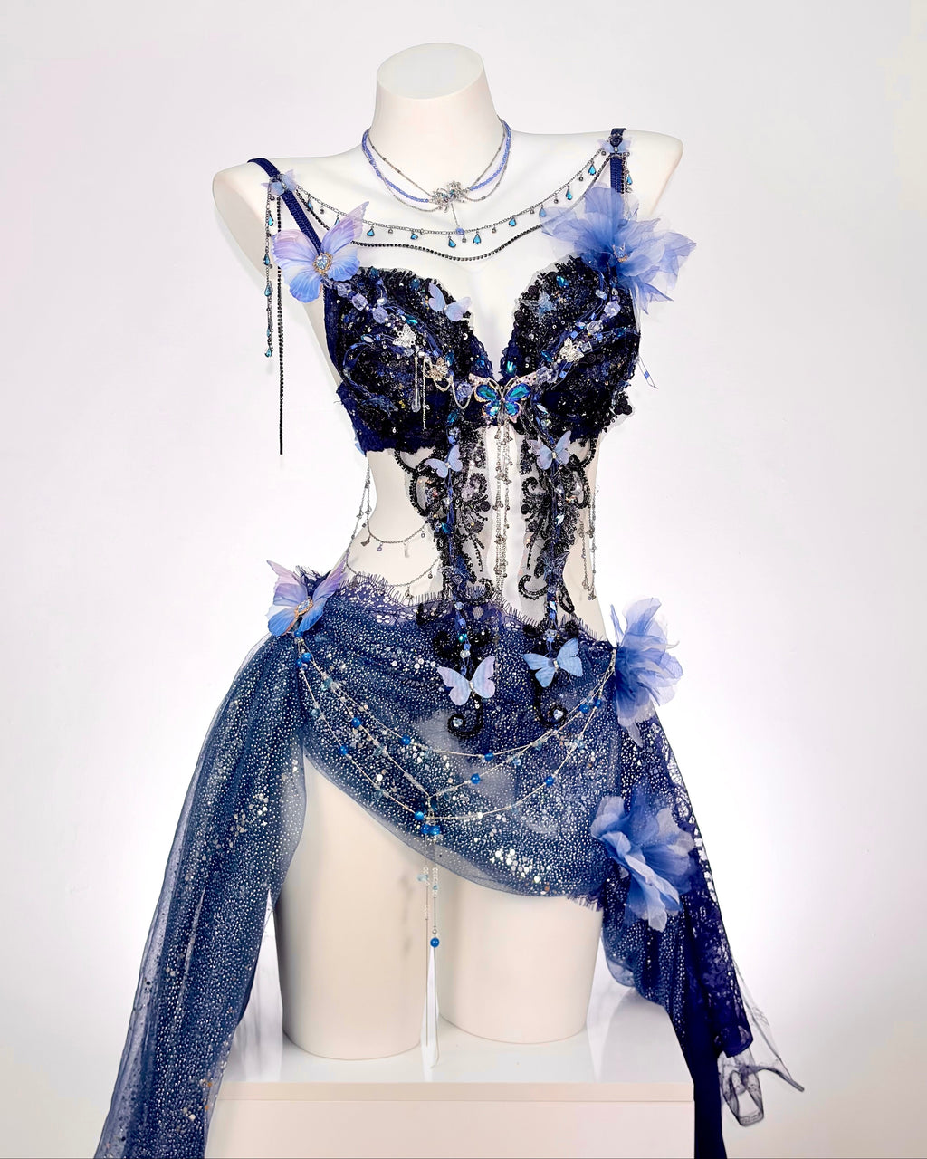 AVRY Delphine blue crystal fairy outfit with butterflies and sheer draped skirt