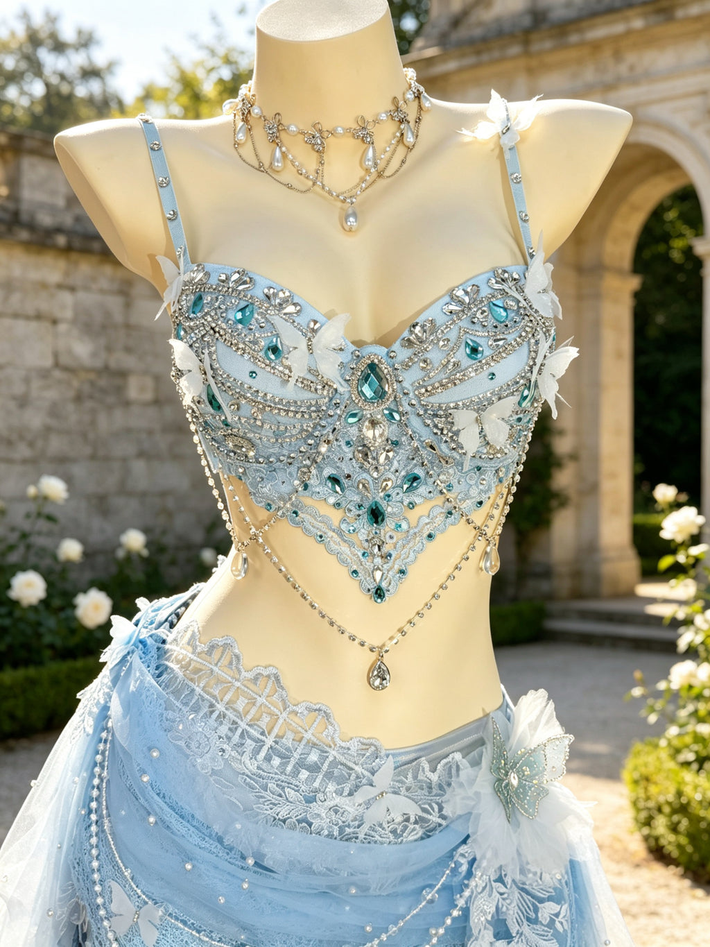 AVRY Seraphina Eirlys butterfly bra top with handcrafted crystals, blue gemstones and butterfly appliqués.