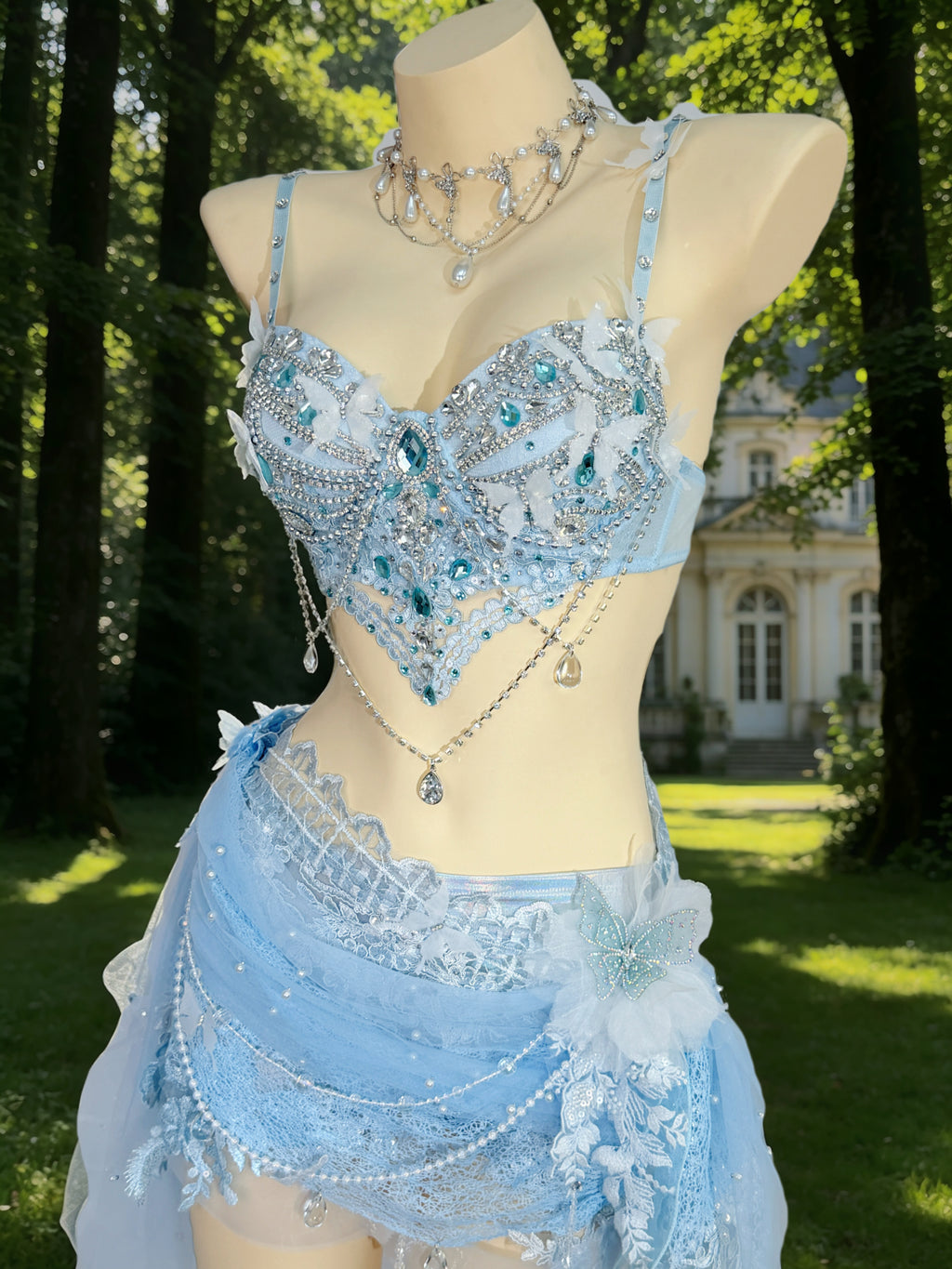 AVRY Seraphina Eirlys luxury ice blue fairy festival outfit with matching bra top, skirt and bottoms.