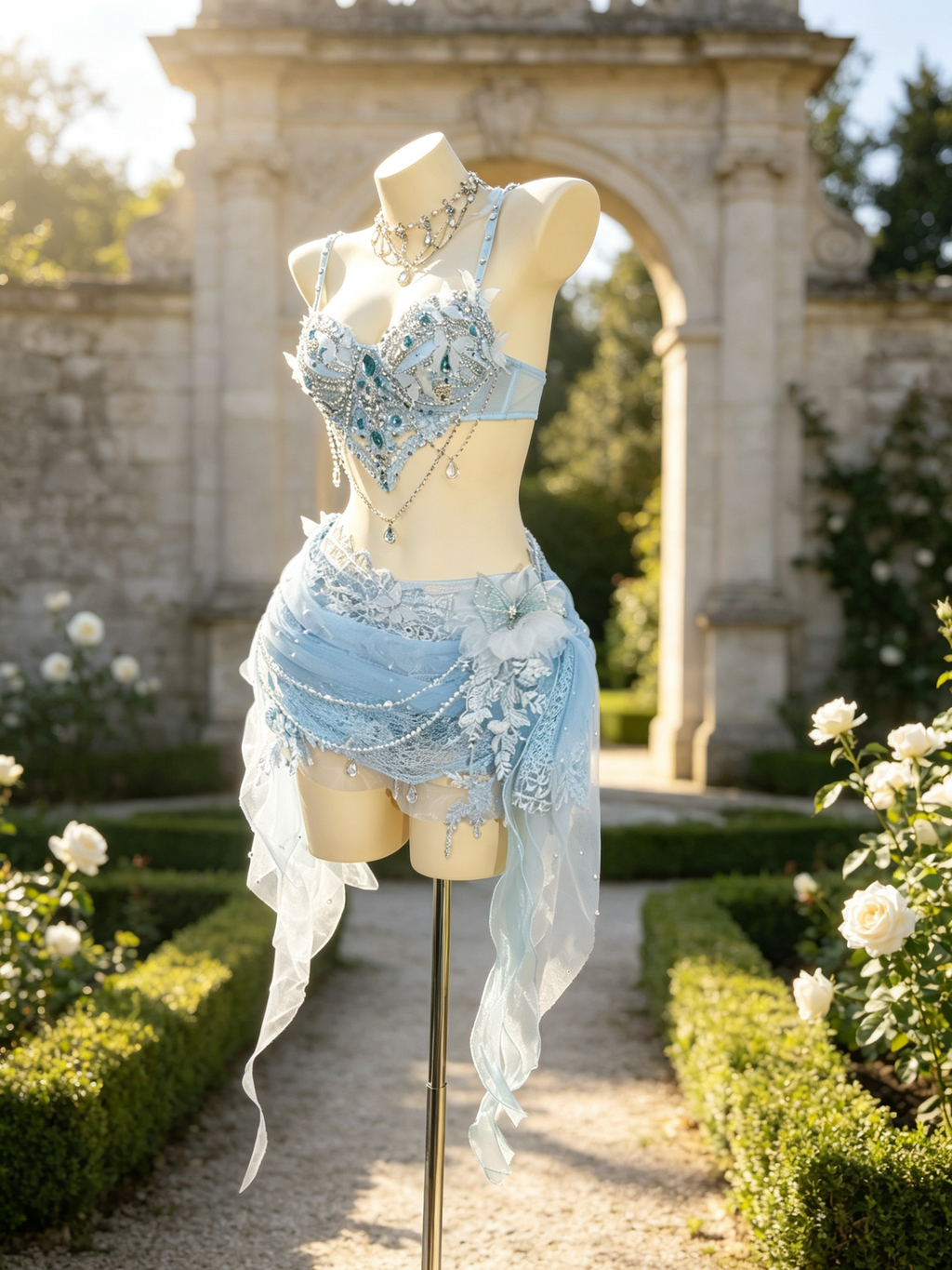 AVRY Seraphina Eirlys ice blue butterfly festival set featuring crystal embellishments, pearl chains and detachable lace skirt. RAVE OUTFIT