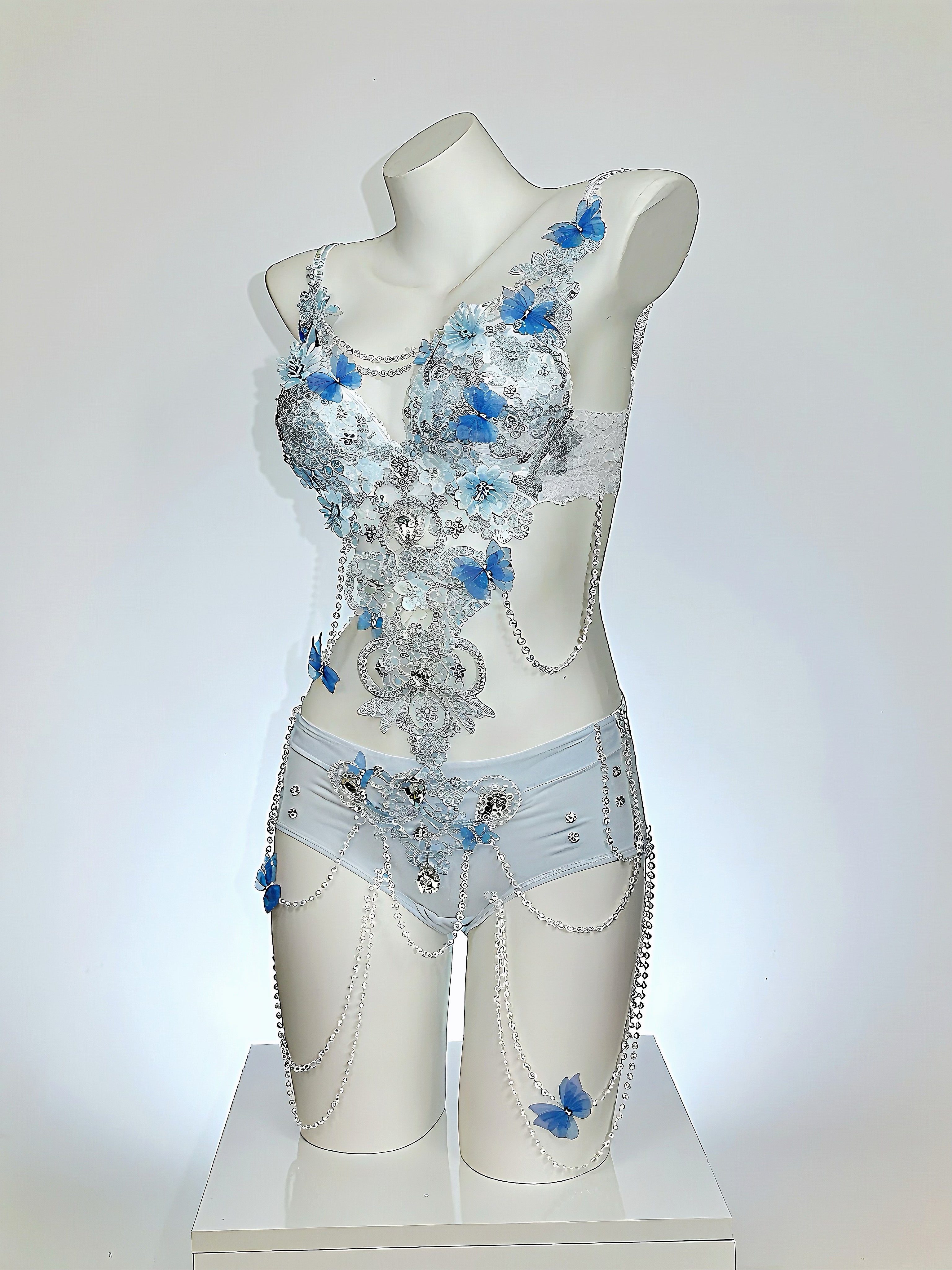 AVRY Seraphina Fiora floral fairy festival outfit in Blue Blossom featuring blue floral appliqués, pearls and crystal embellishments.