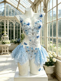 AVRY Seraphina Fiora floral fairy festival outfit in Blue Blossom featuring blue floral appliqués, pearls and crystal embellishments.