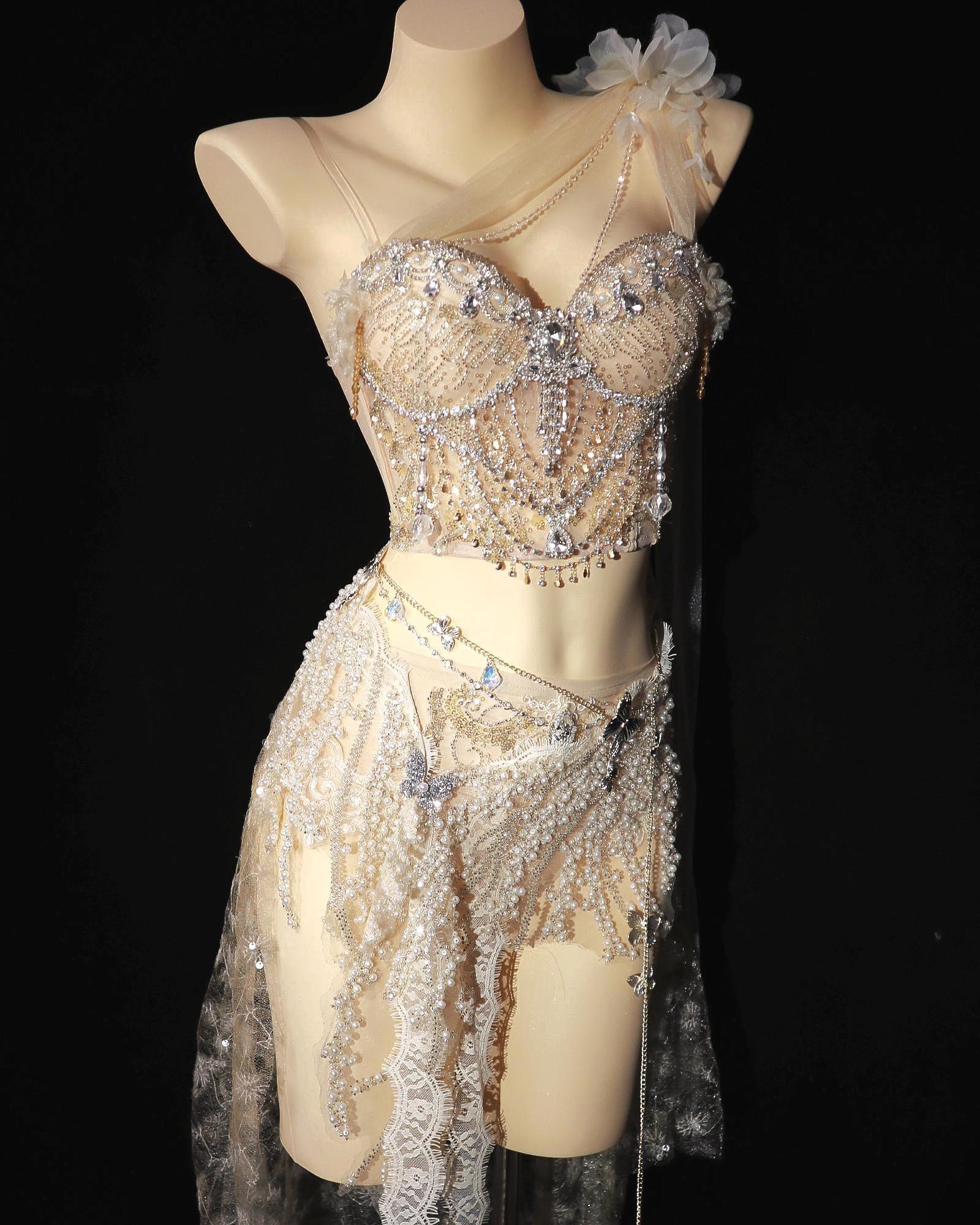 AVRY Seraphine Set close-up detail of pearl beading, crystal chains and ethereal fairy corset top.