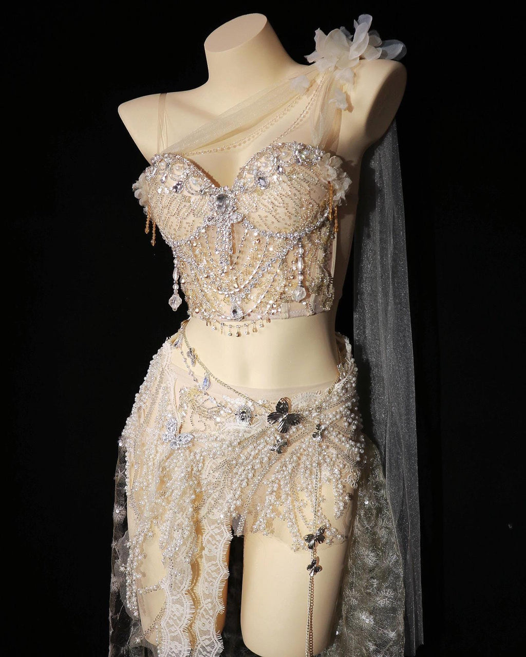 AVRY Seraphine Set pearl beaded fairy rave outfit with corset top, embellished skirt and shoulder veil.