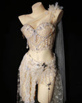 AVRY Seraphine Set pearl beaded fairy rave outfit with corset top, embellished skirt and shoulder veil.