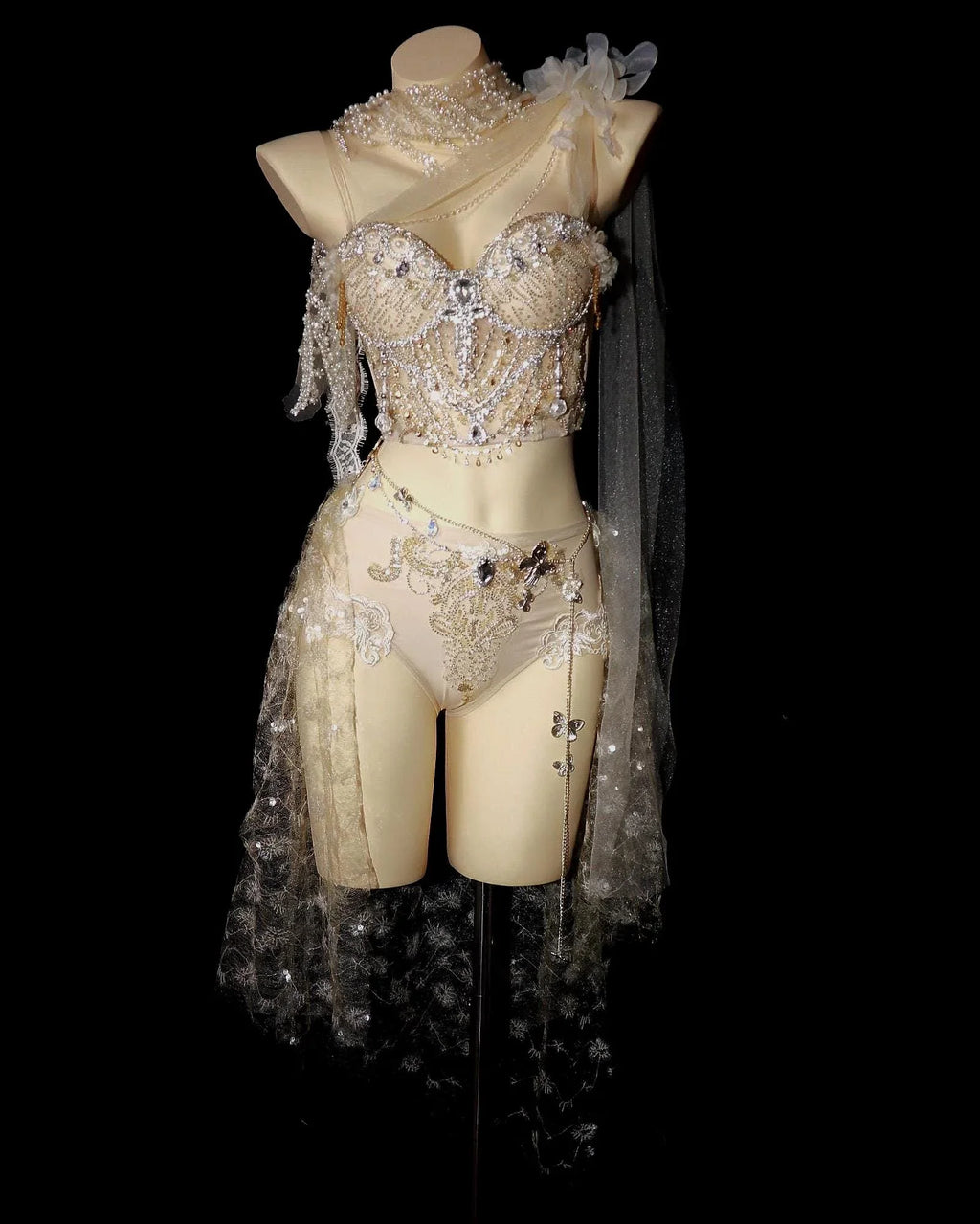 AVRY Seraphine Set full look with champagne fairy rave outfit, embellished skirt and romantic festival styling.
