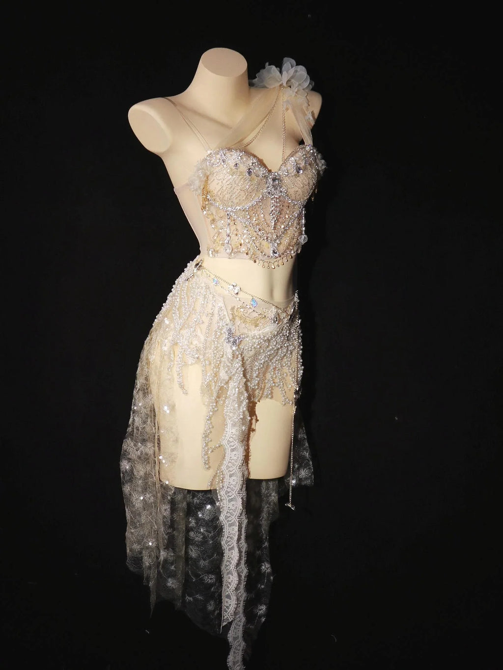 AVRY Seraphine Set Lacework collection side view with pearl corset top and beaded festival skirt.