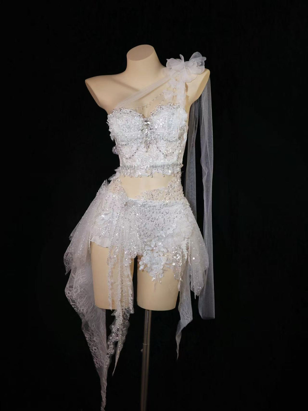 AVRY Seraphine Set Icy Bloom embellished beaded mini skirt with crystal chains and lace details