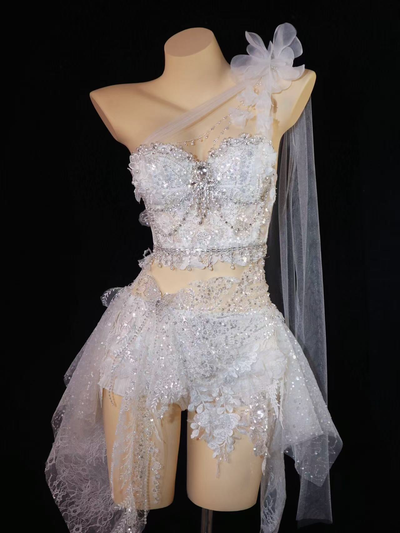 AVRY Seraphine Set Icy Bloom embellished beaded mini skirt with crystal chains and lace details