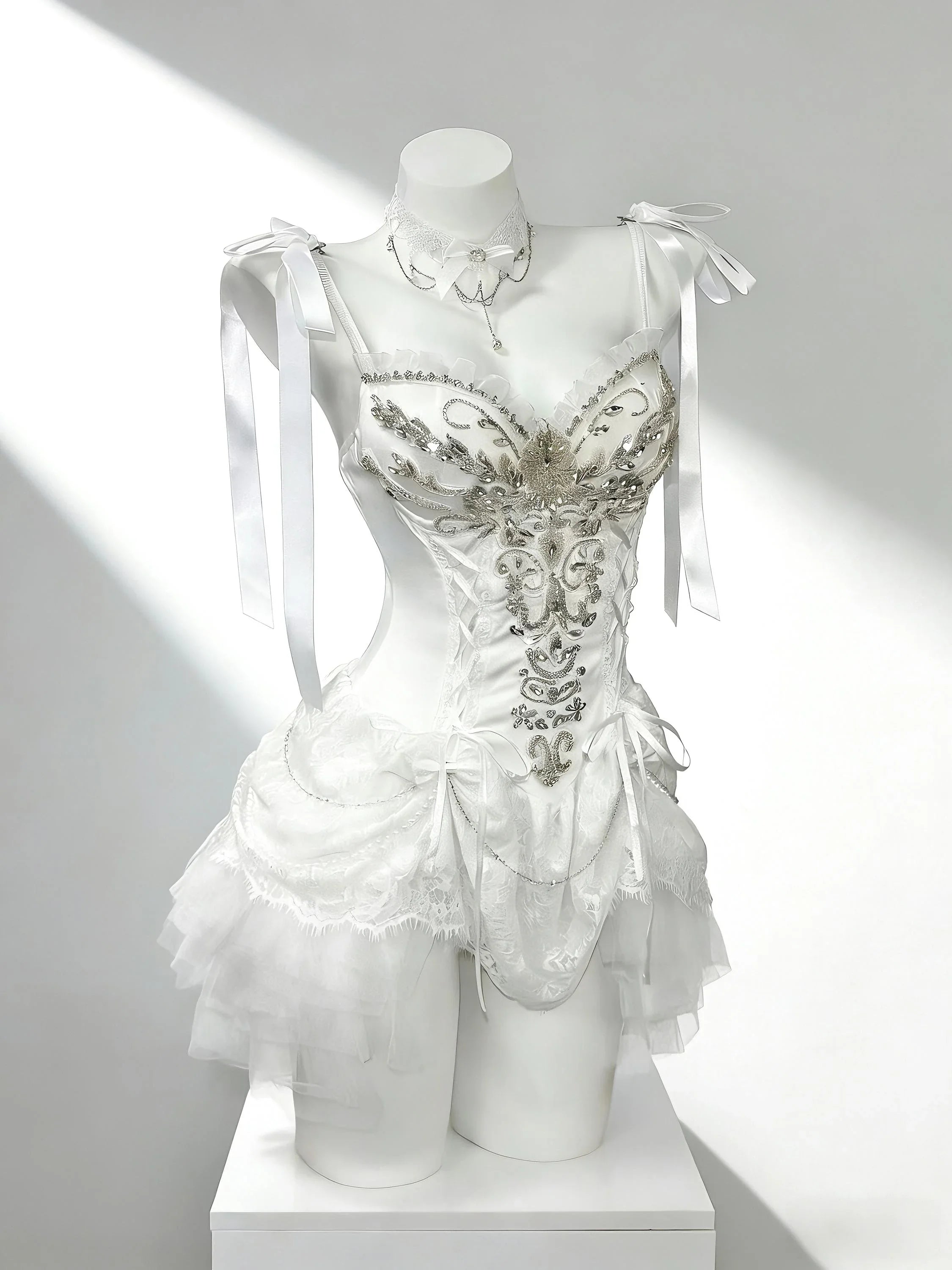 Baroque corset dress with white lace and silver embroidery