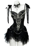Black lace corset set with crystal details and gothic choker