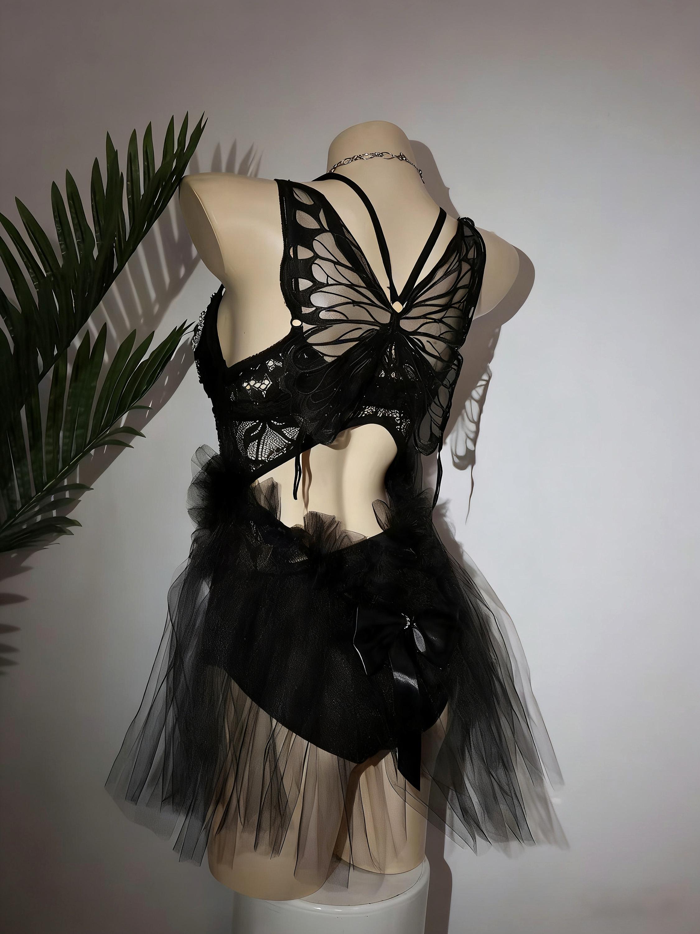 Schwarzes Schmetterlings-Korsett-Set, Rave-Outfit für Damen, Perlen-Bustier-Top mit Tüllrock, Gothic-Feen-Festival-Kleidung