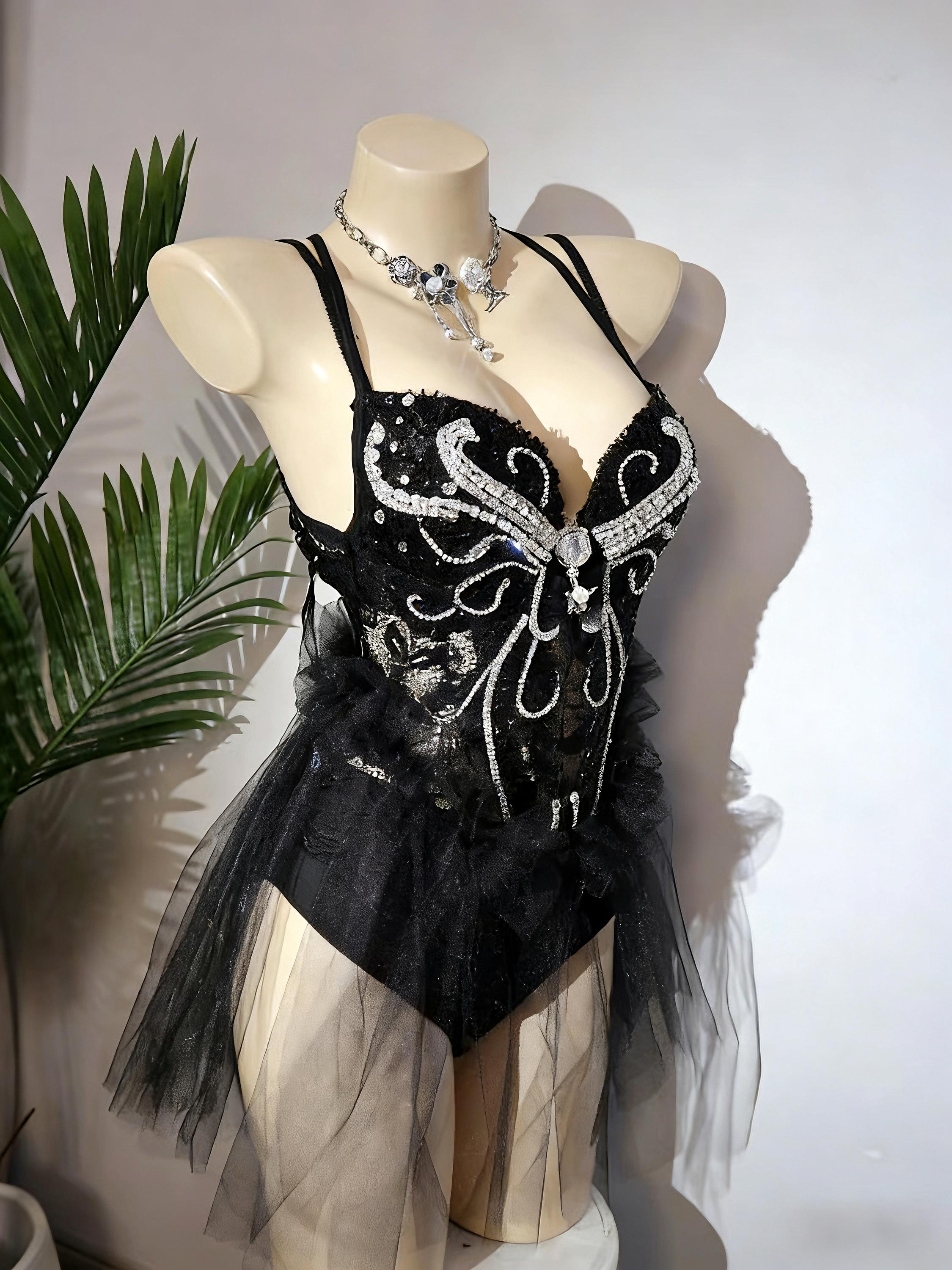 Schwarzes Schmetterlings-Korsett-Set, Rave-Outfit für Damen, Perlen-Bustier-Top mit Tüllrock, Gothic-Feen-Festival-Kleidung
