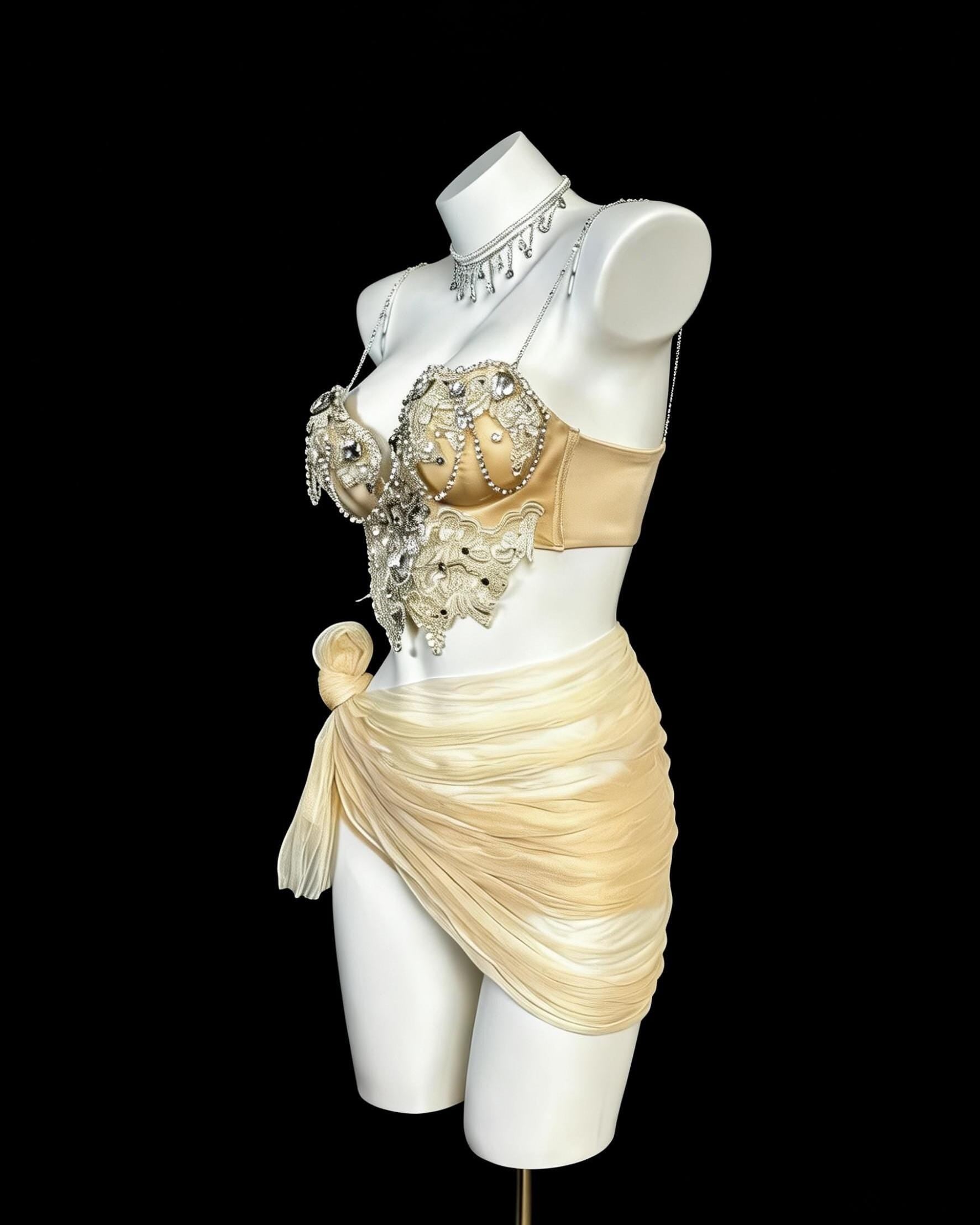 Champagner Rave Korsett Set, Nude Goddess Festival Outfit, Perlenbesetztes Spitzen-Bustier, Transparenter Wickelrock, Burning Man Luxus Zweiteiler